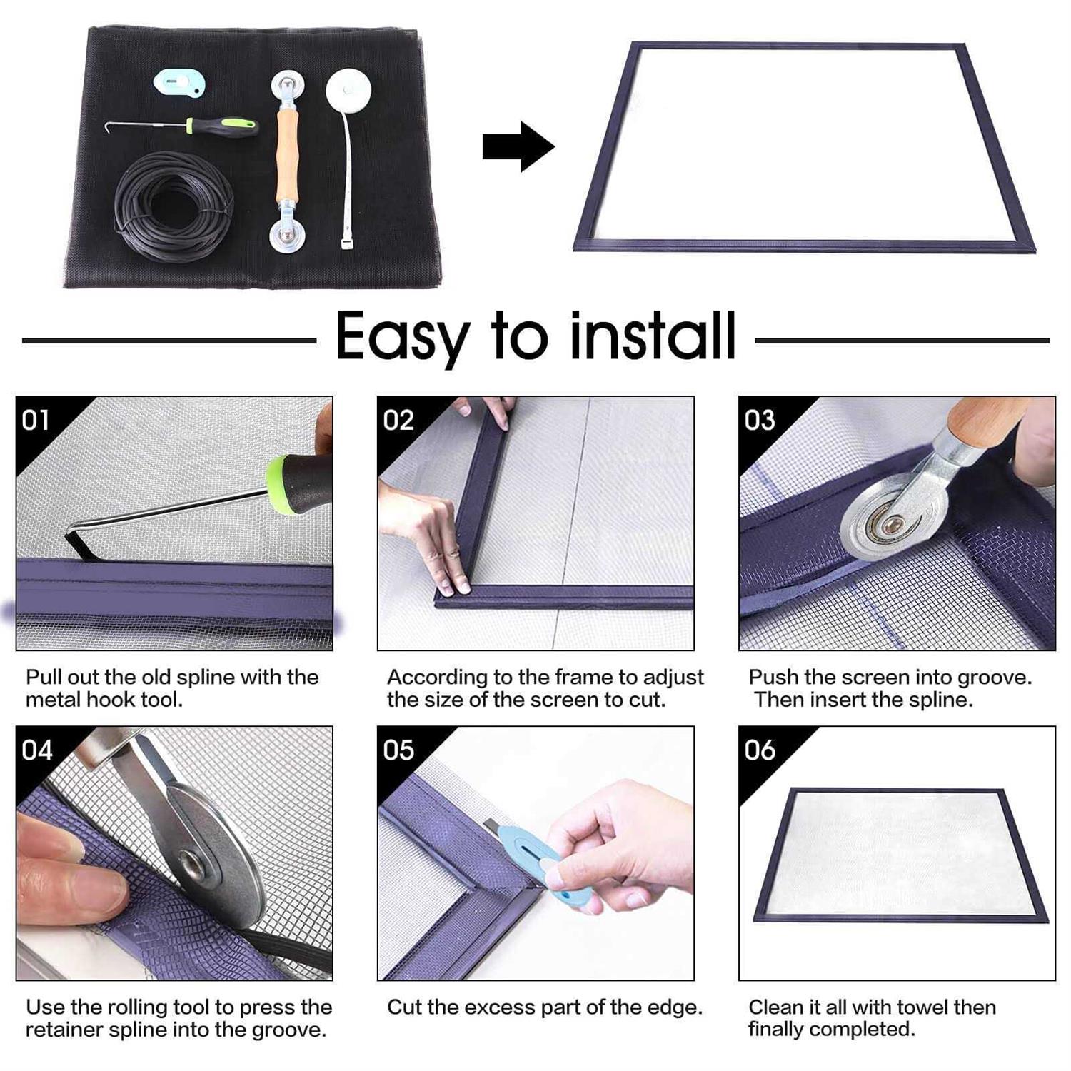 Windows Screen and Screen Door Repair Kit 48x118 Charcoal Fiberglass Mesh with Rolling Tool/Hook/Ruler/Cutter/Spline - Image 3