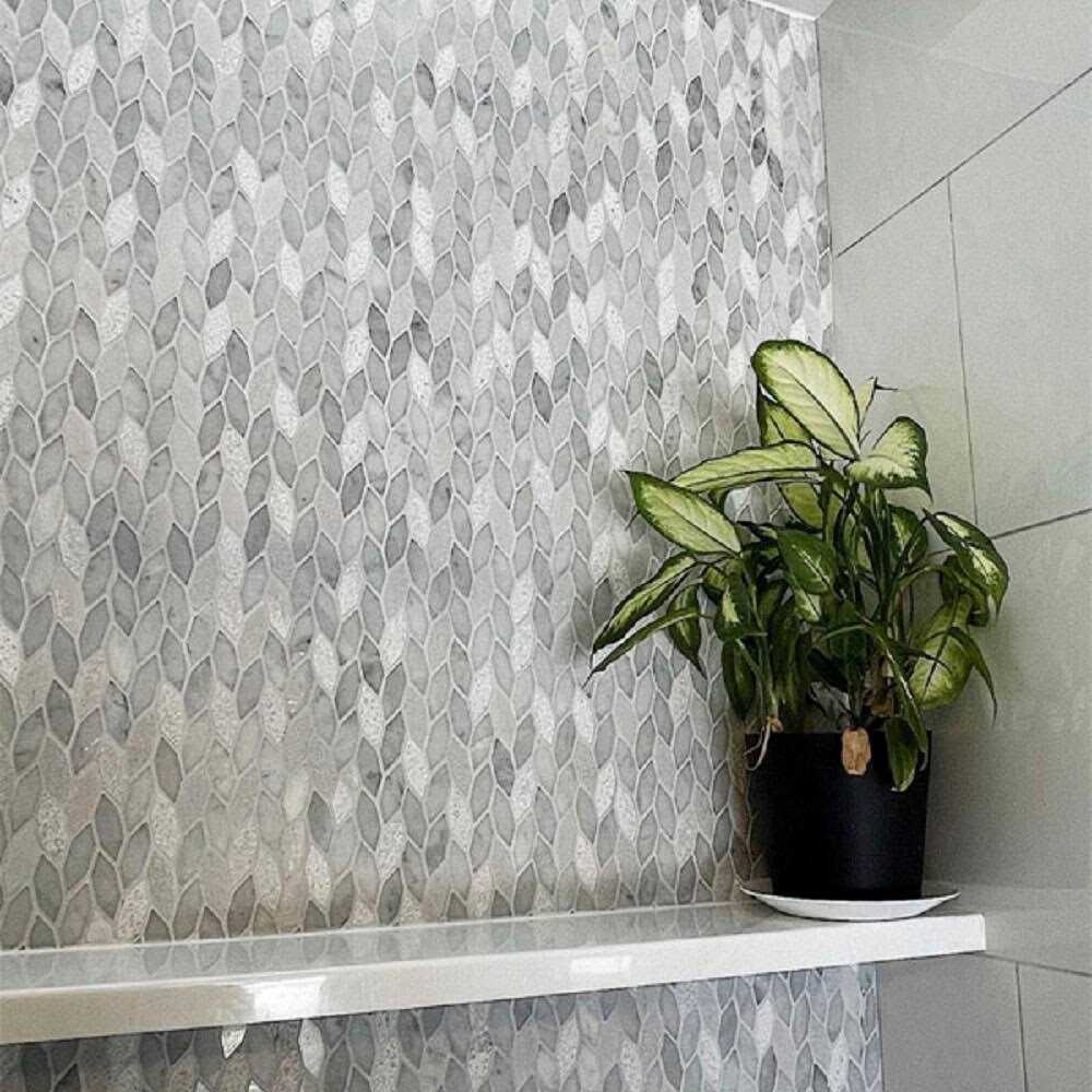Apollo Tile Beige 11.8 in. x 12 in. Leaf Polished and Etched Marble Mosaic Floor and Wall Tile - Image 3