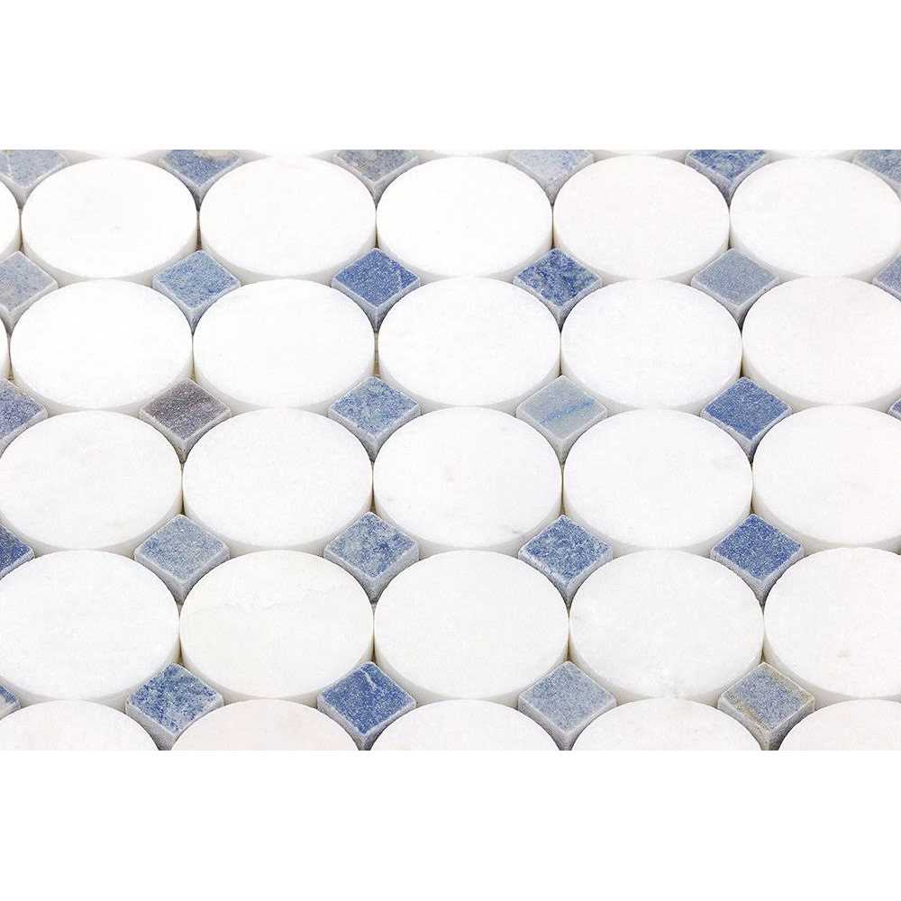 Tilebar Kinetic Satellite White Thassos & Blue Macauba Marble 1x2 Polished Mosaic Tile, Backsplash, Wall and Floor - Image 4