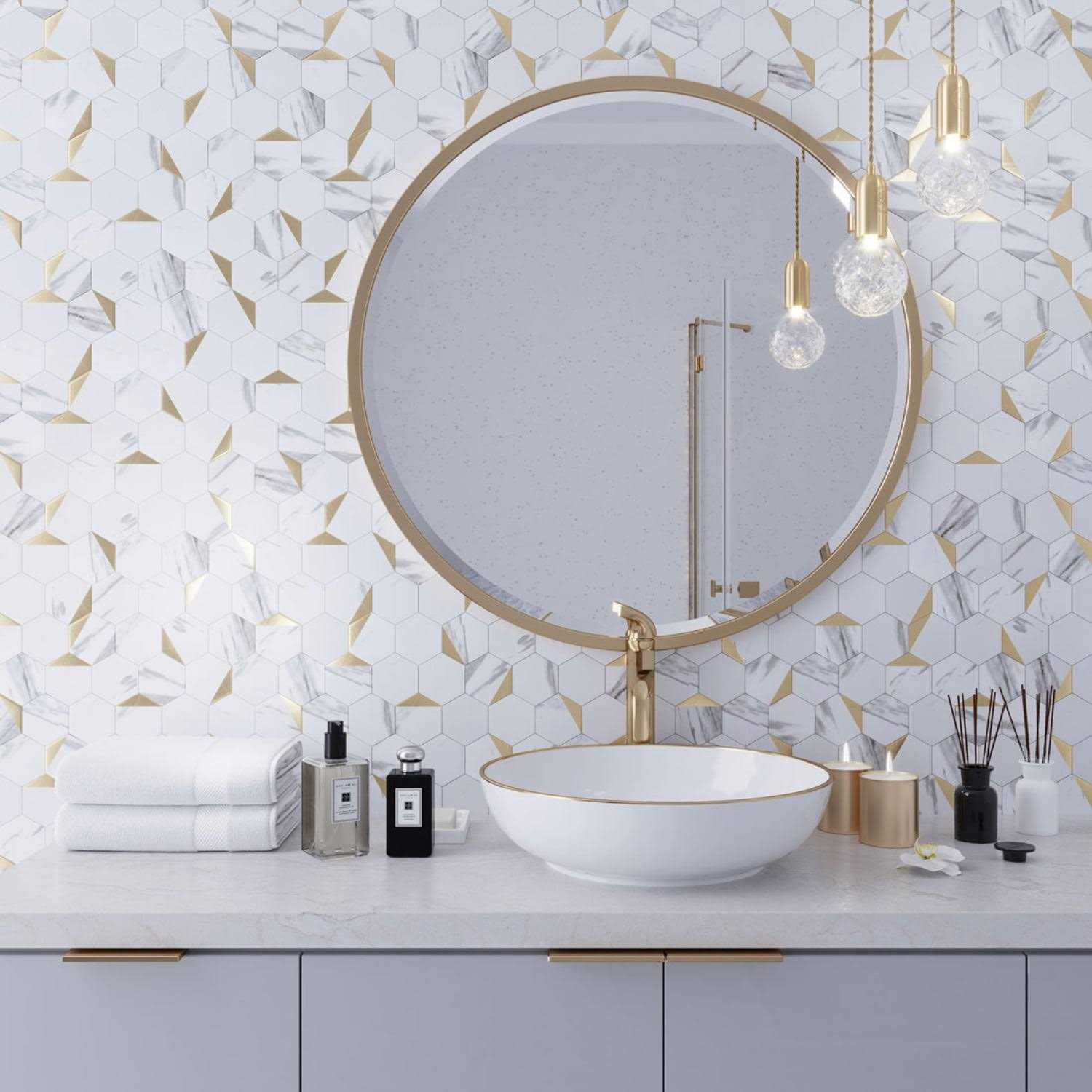 Apollo Tile Brisk White and Gold Patterned Peel and Stick Wall Tile PS99HX01 - Image 3