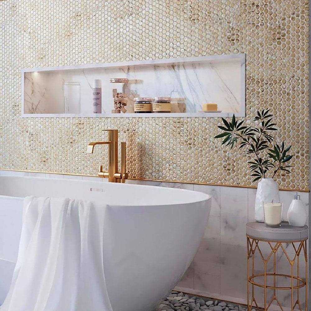 Apollo Tile Gold 12-in x 12-in Glossy Glass Penny Round Stone Look Floor and Wall Tile - Image 4