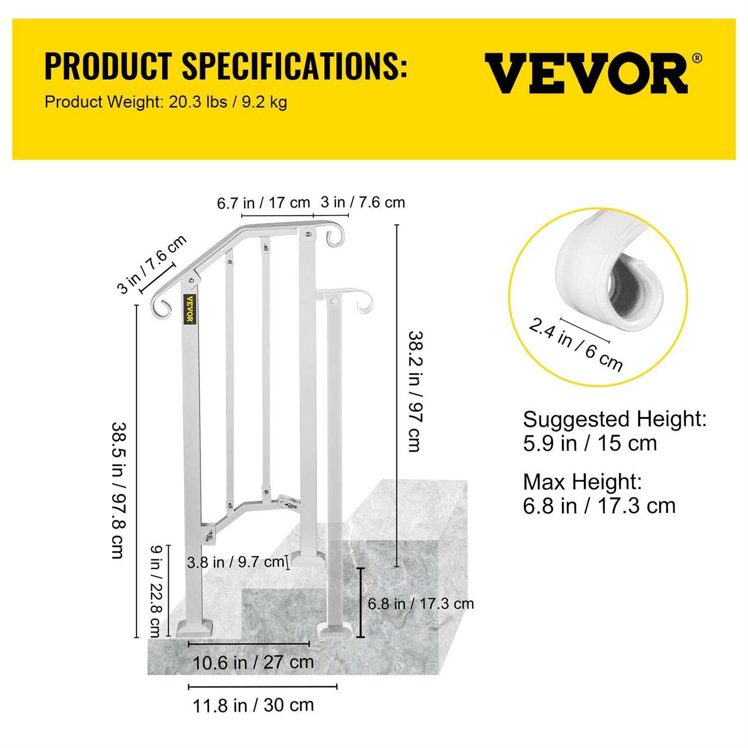VEVOR Wrought Iron Handrail Picket 1 Fits 1 or 2 Steps for Outdoor Steps Matte White LTFS1H2BBSTL00001V0 - Image 5