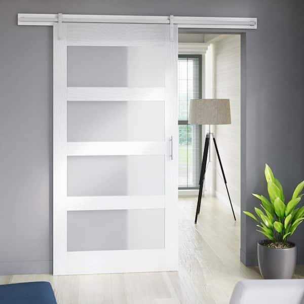 Twin Star Home 42 in. x 84 in. 1/4 Lite Frosted Glass White Finished MDF Sliding Barn Door with Hardware Kit - Image 3