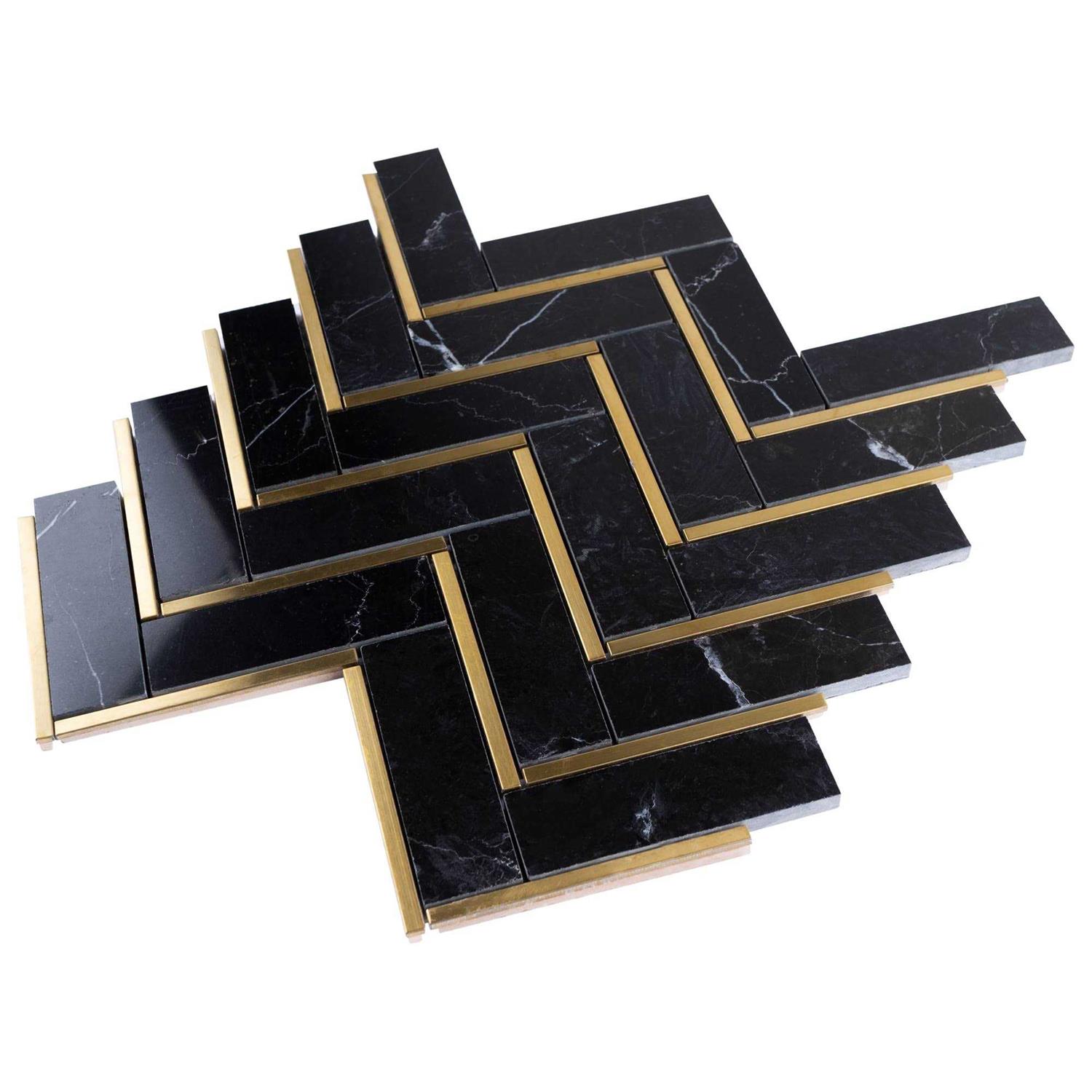 TileGen. Natural Nero 1 x 3 Marble Chevron Mosaic in Black/Gold Wall Tile - Image 3