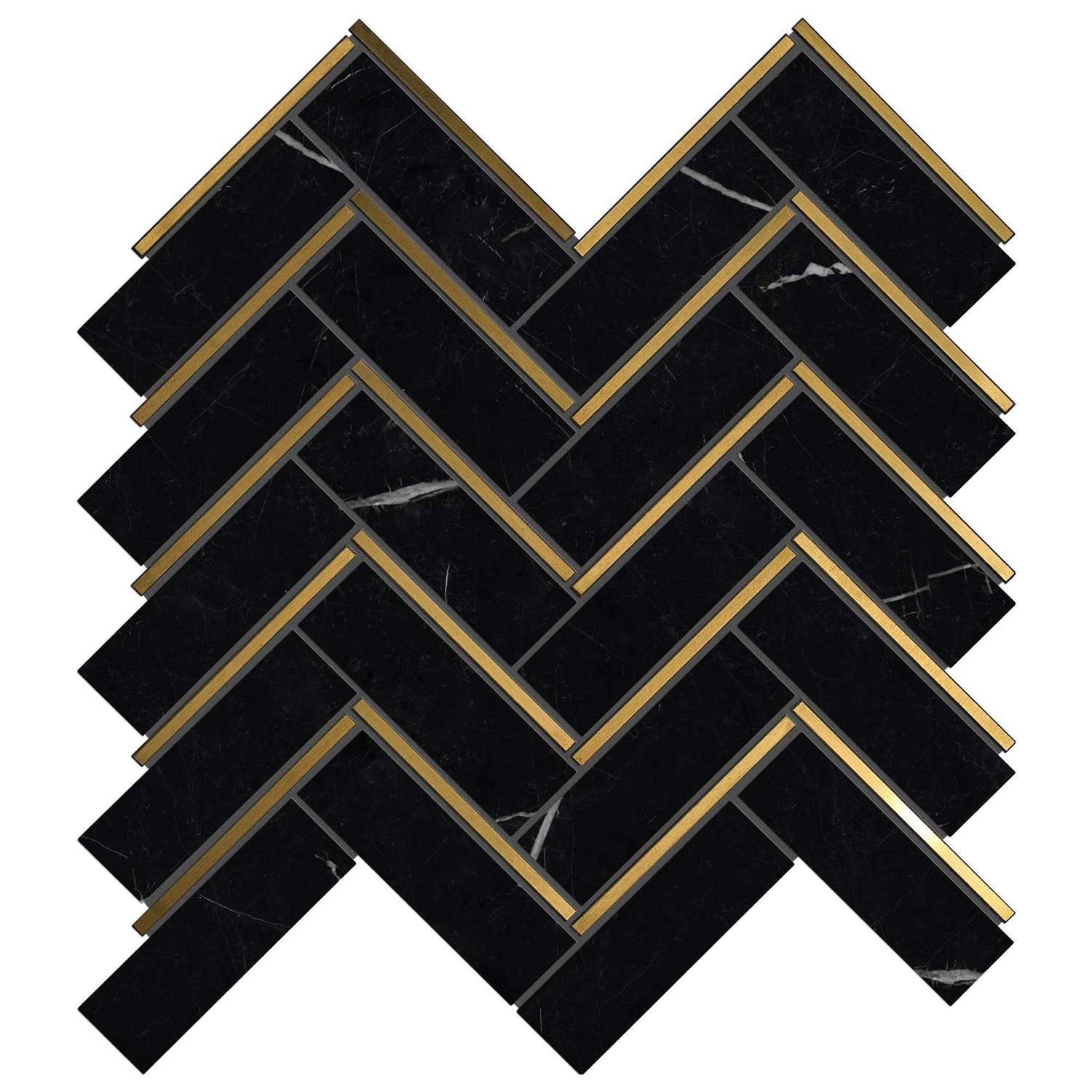 TileGen. Natural Nero 1 x 3 Marble Chevron Mosaic in Black/Gold Wall Tile - Image 5