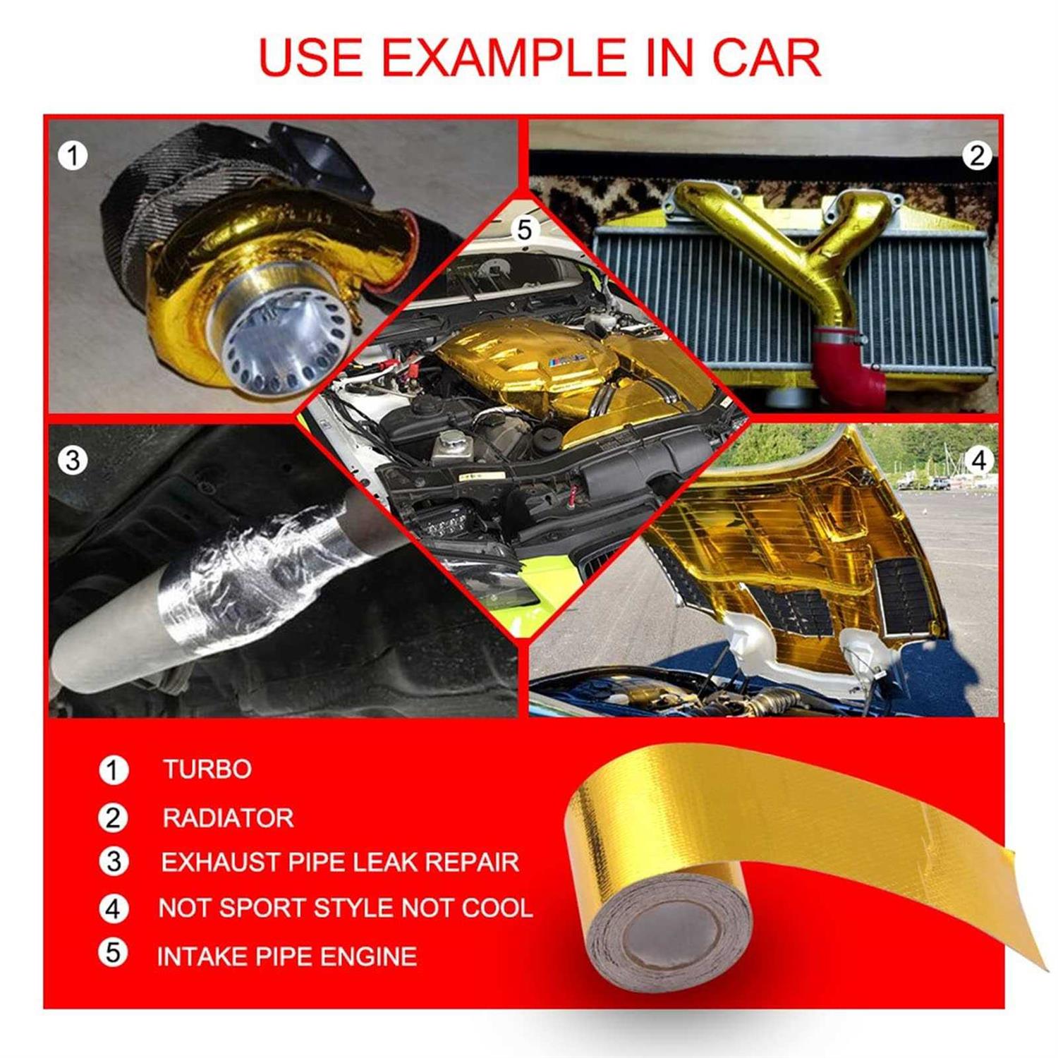 Sporacingrts 2 Gold Adhesive Backed Heat Barrier Tape Heat Shield Reflective Tape Wrap Roll,compatible with Car Intake Pipe - Image 4