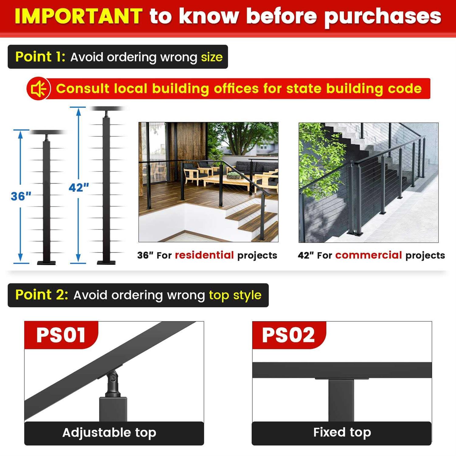Muzata Level drilled Cable Railing Post 36x2x2 Adjustable Top Level Line Post Top Mount Stainless Steel - Image 3