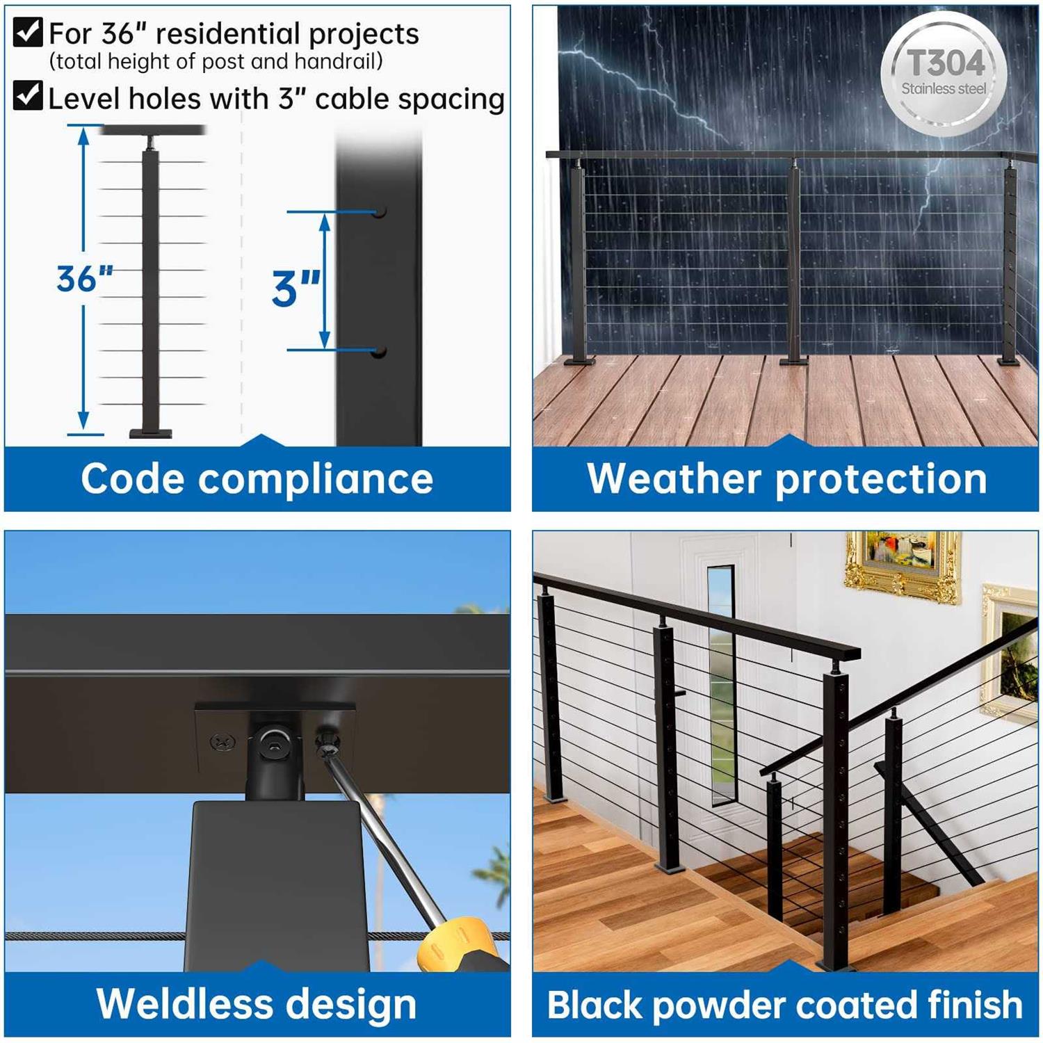 Muzata Level drilled Cable Railing Post 36x2x2 Adjustable Top Level Line Post Top Mount Stainless Steel - Image 5