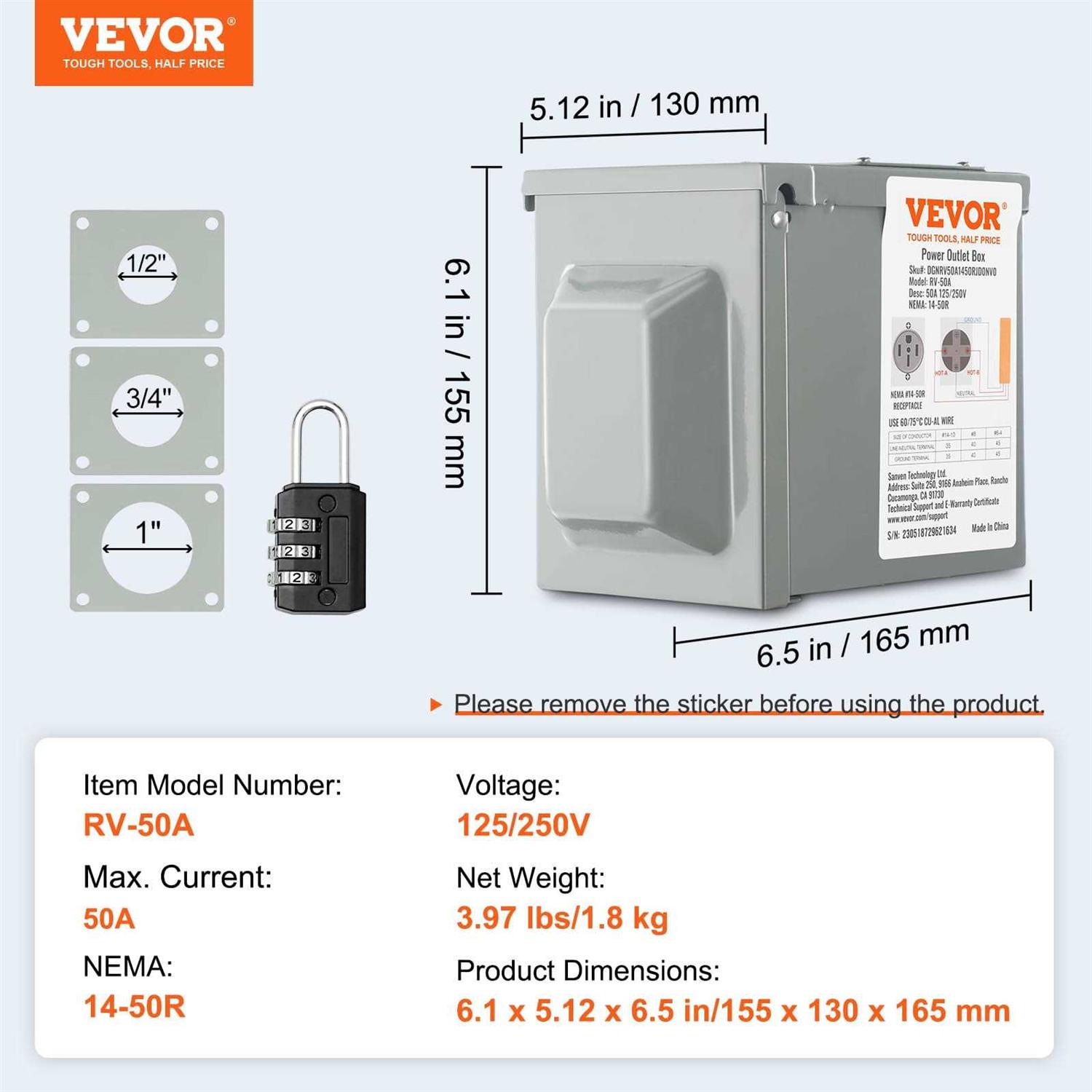 VEVOR 50 Amp RV Power Outlet Box 125/250 Volt Enclosed Lockable Outdoor RV Receptacle Box NEMA 14-50R Weatherproof Electrical Panel for RV Camper - Image 4