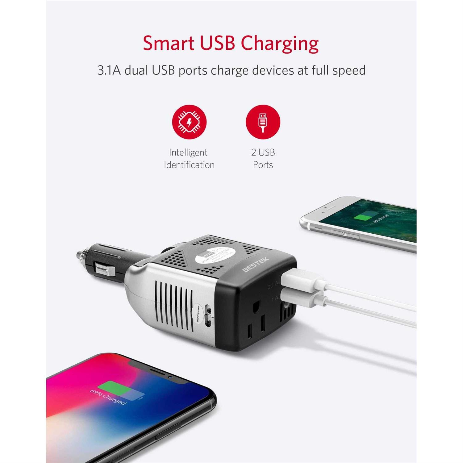 Bestek 150w Power Inverter 12V to 110V Voltage Converter Car Charger Power Adapter with 3.1a Dual USB Charging Ports - Image 3