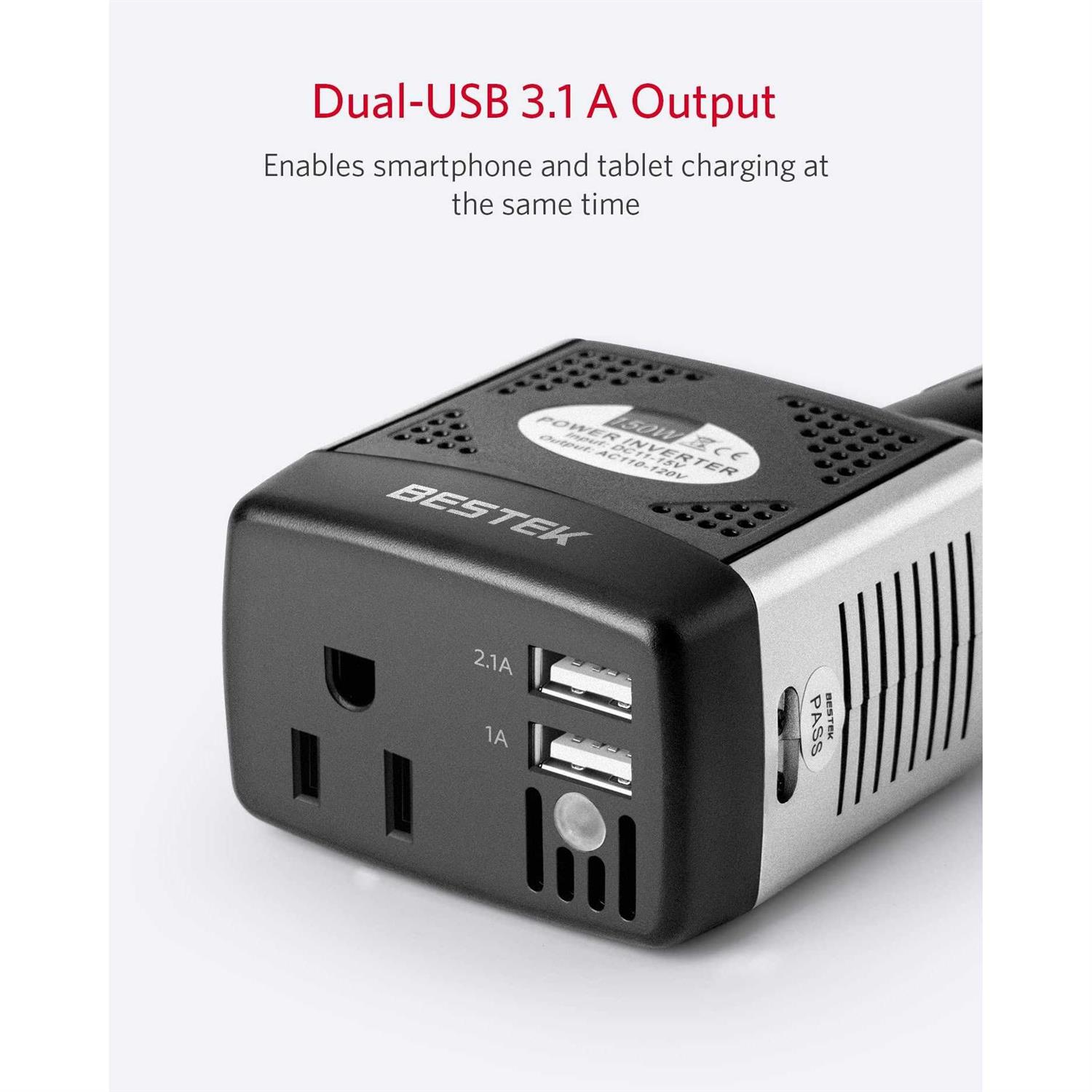 Bestek 150w Power Inverter 12V to 110V Voltage Converter Car Charger Power Adapter with 3.1a Dual USB Charging Ports - Image 4