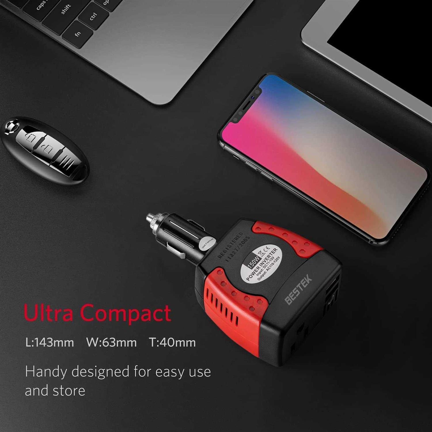 Bestek 150w Power Inverter 12V to 110V Voltage Converter Car Charger Power Adapter with 3.1a Dual USB Charging Ports - Image 3