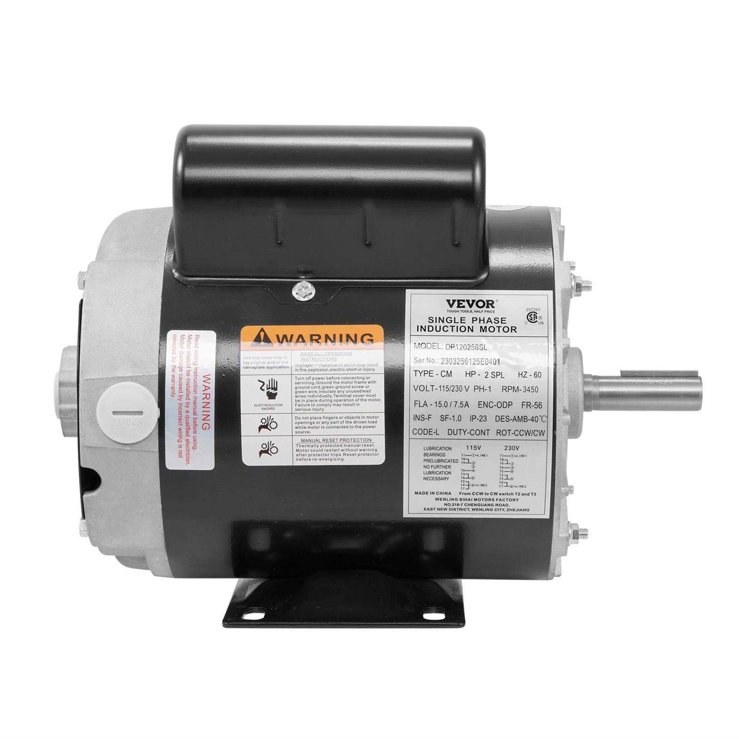 VEVOR Air Compressor Motor 2HP SPL 5/8 in. Keyed Shaft Electric Motor Single Phase 115/230V 15/7.5A 56HZ Frame CW/CCW Rotation DXKYJDJLODP2H57NLV7 - Image 4