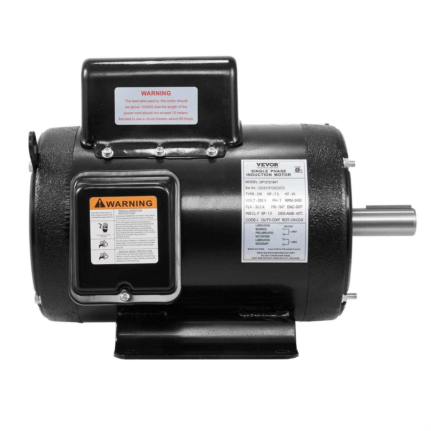 VEVOR 7.5HP Air Compressor Motor 3450 RPM Single Phase Electric Motor 1-1/8 in. Keyed shaft 230V 30A 184 Frame CW/CCW Rotation - Image 3