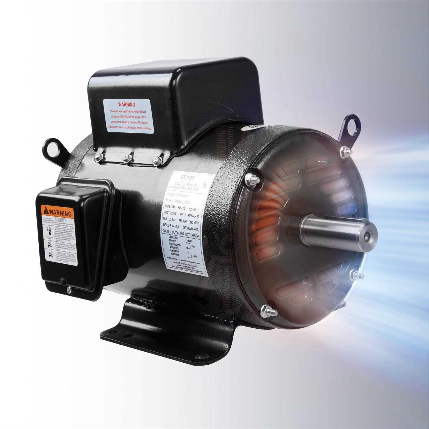 VEVOR 7.5HP Air Compressor Motor 3450 RPM Single Phase Electric Motor 1-1/8 in. Keyed shaft 230V 30A 184 Frame CW/CCW Rotation - Image 4