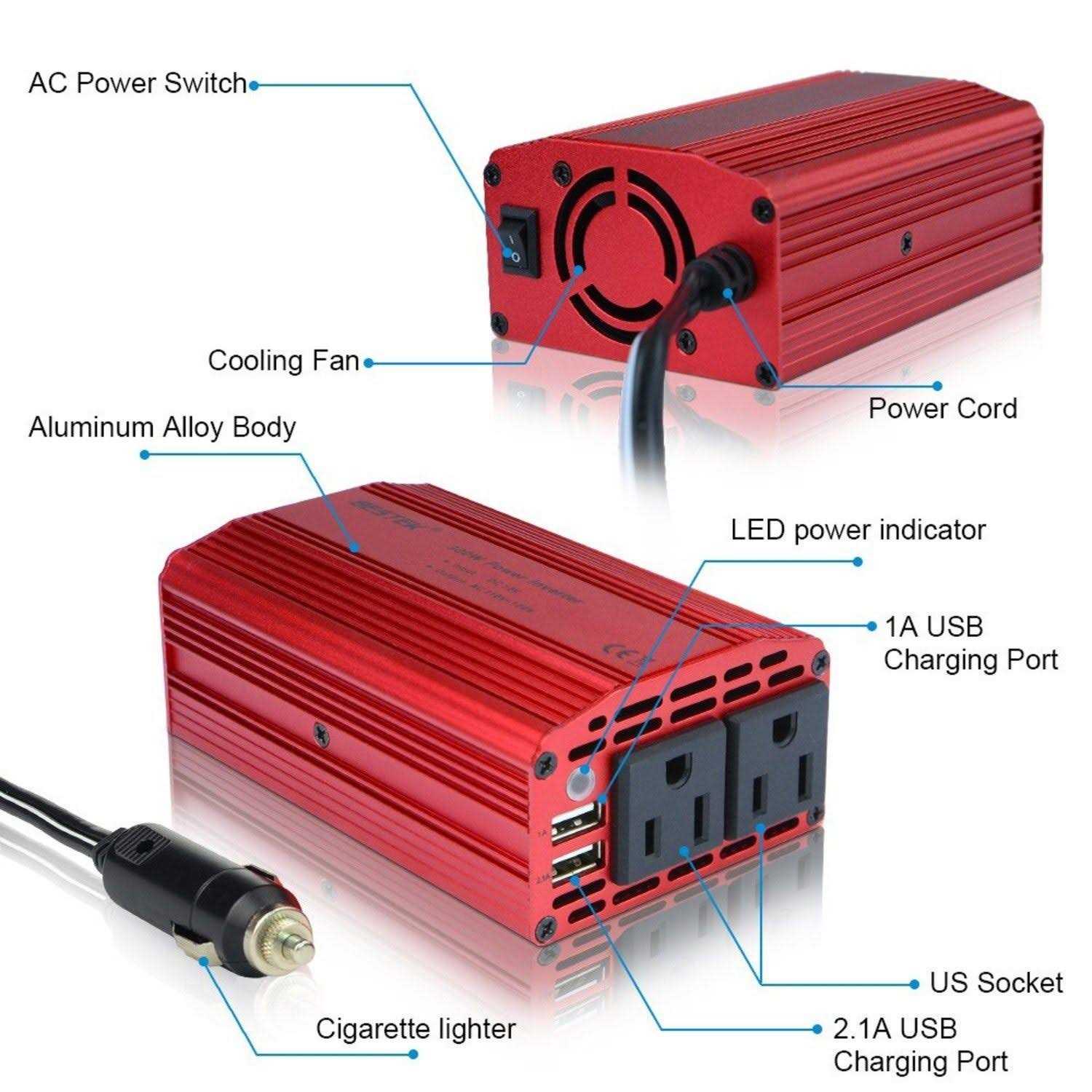 Bestek 300w Power Inverter DC 12V to 110v AC Car Inverter with 4.2a Dual USB Car Adapter - Image 3