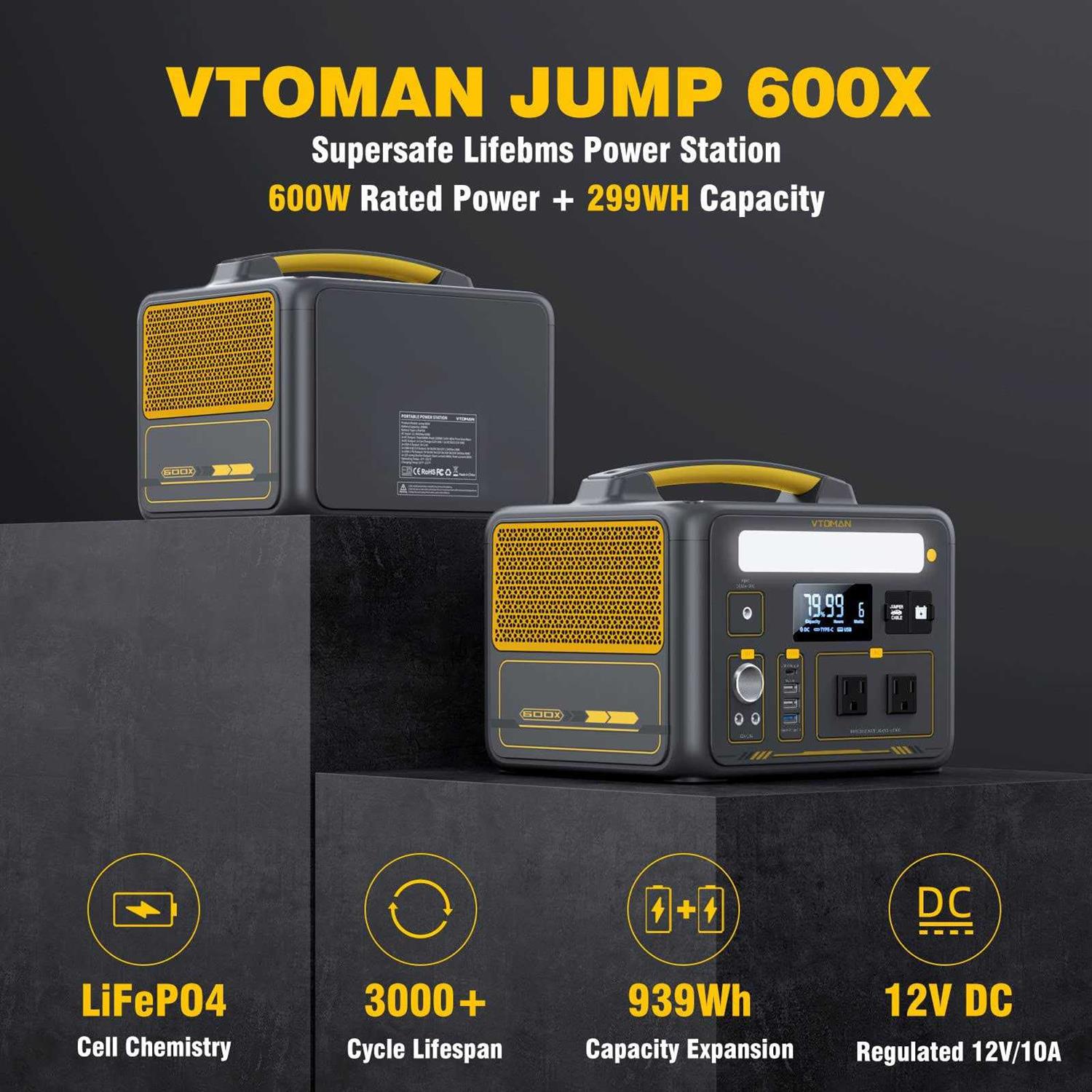Vtoman Jump 600x Portable Power Station 600w 299wh Lifepo4 Battery Powered Generator with 2x 110V/600w Ac Outlets - Image 4