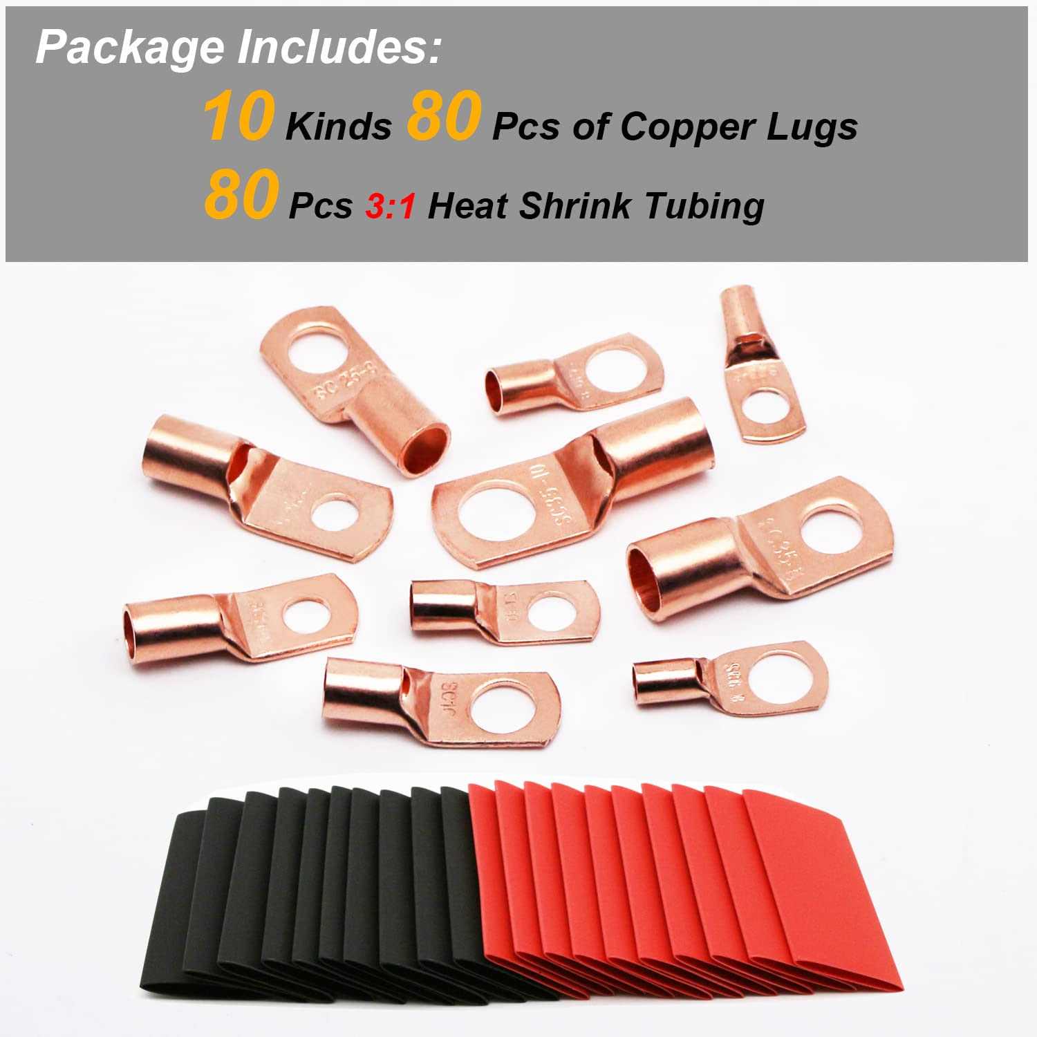 Tkdmr 160pcs Copper Wire Lugs Awg2 4 6 8 10 12 With Heat Shrink Set - Image 4