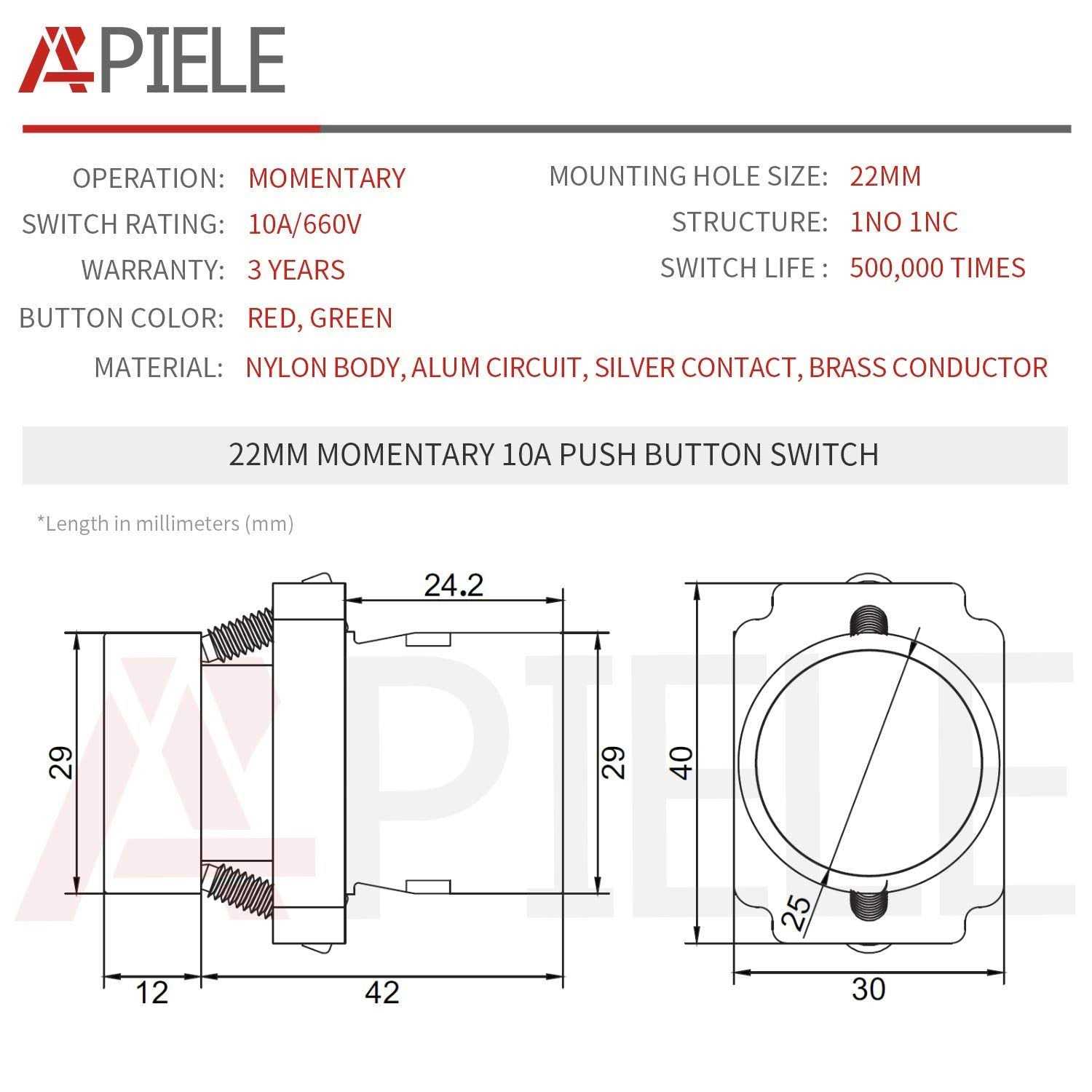 APIELE 2PCS 22MM Momentary Push Button Switch Red Green 1NO 1NC Metal Head XB2-11BN-G&R - Image 3