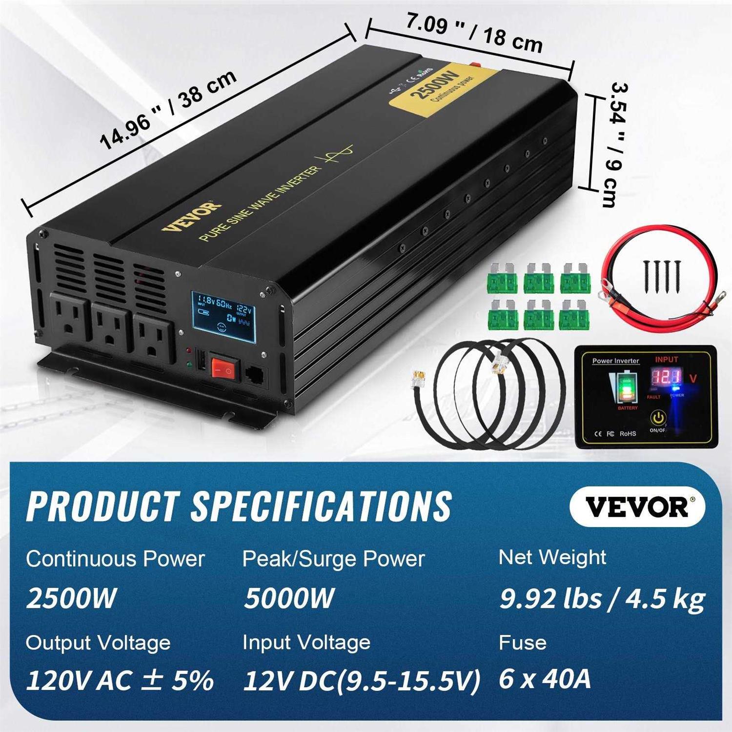 VEVOR Pure Sine Wave Inverter 2500 Watt Power Inverter DC 12V to AC 120V Car Inverter with USB Port LCD Display and Remote Controller Power - Image 5