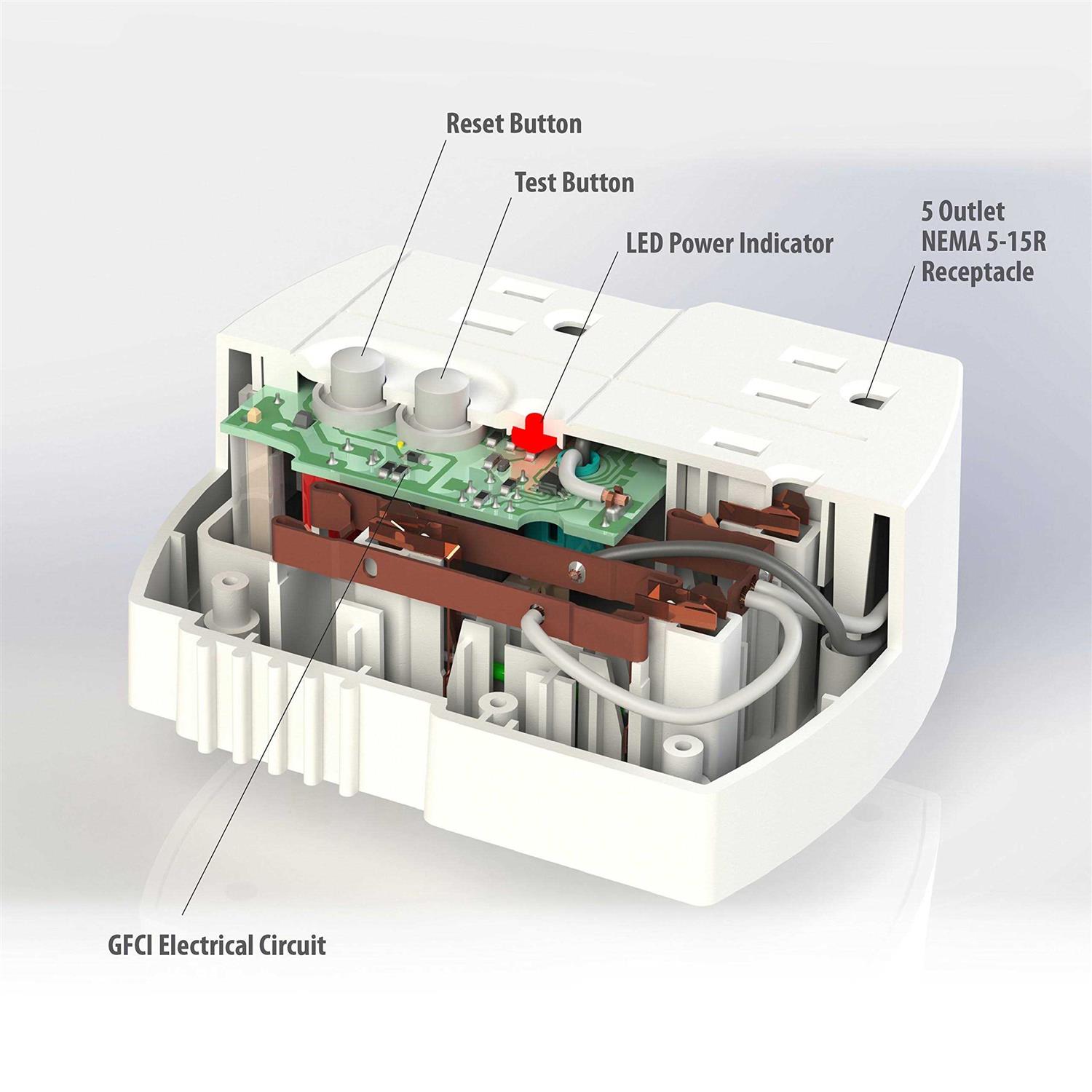 Tower Manufacturing 30440003 Auto-Reset 15 Amp Grounded 3-Prong GFCI 5-Outlet Adapter - Image 3