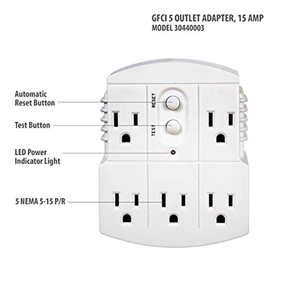Tower Manufacturing 30440003 Auto-Reset 15 Amp Grounded 3-Prong GFCI 5-Outlet Adapter - Image 5