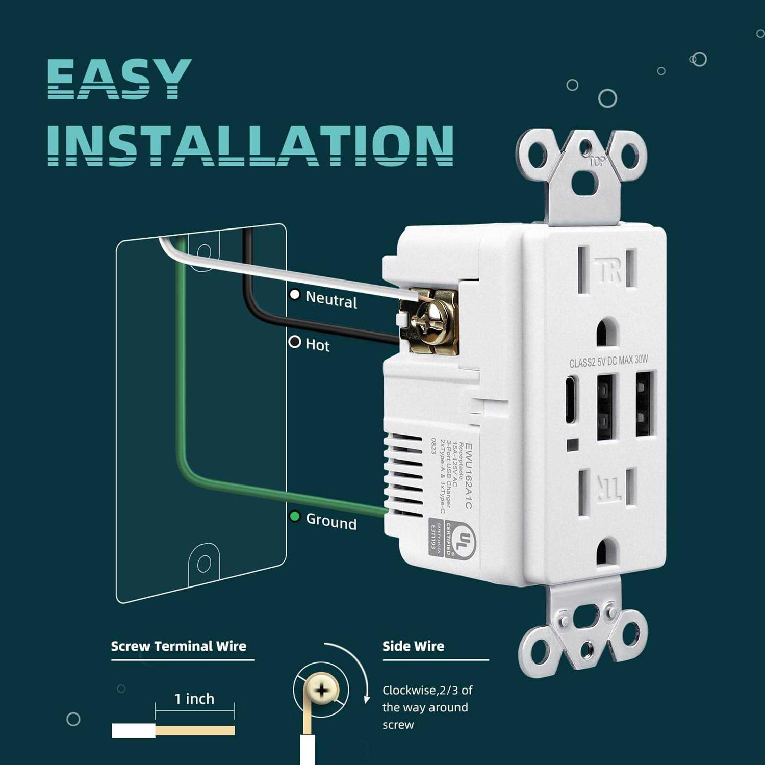 TOPELER USB Wall 3-Port USB C Outlet 30W 6.0A USB Outlet - Image 4