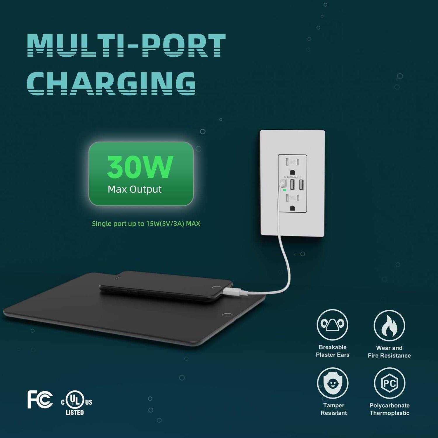 TOPELER USB Wall 3-Port USB C Outlet 30W 6.0A USB Outlet - Image 3