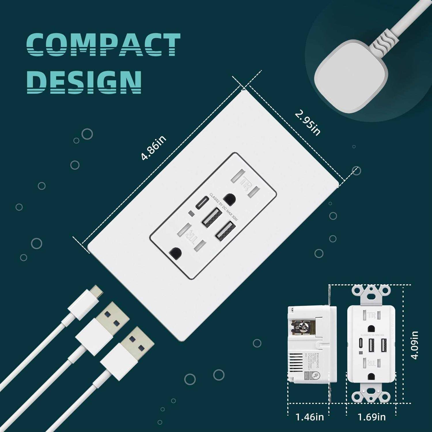 TOPELER USB Wall 3-Port USB C Outlet 30W 6.0A USB Outlet - Image 4