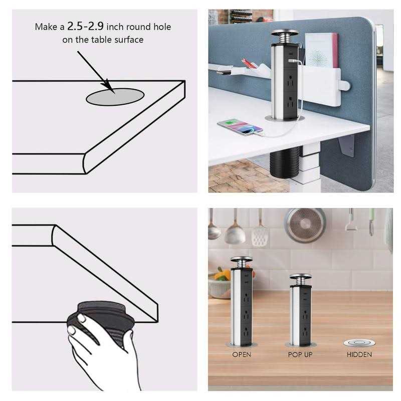 Jgstkcity Pop Up Outlet for Kitchen Countertop,2.5 Hole Size Grommet Power Pop Out Outlet with USB,Pulling Pop Up Socket for Home,Office Worktop - Image 5