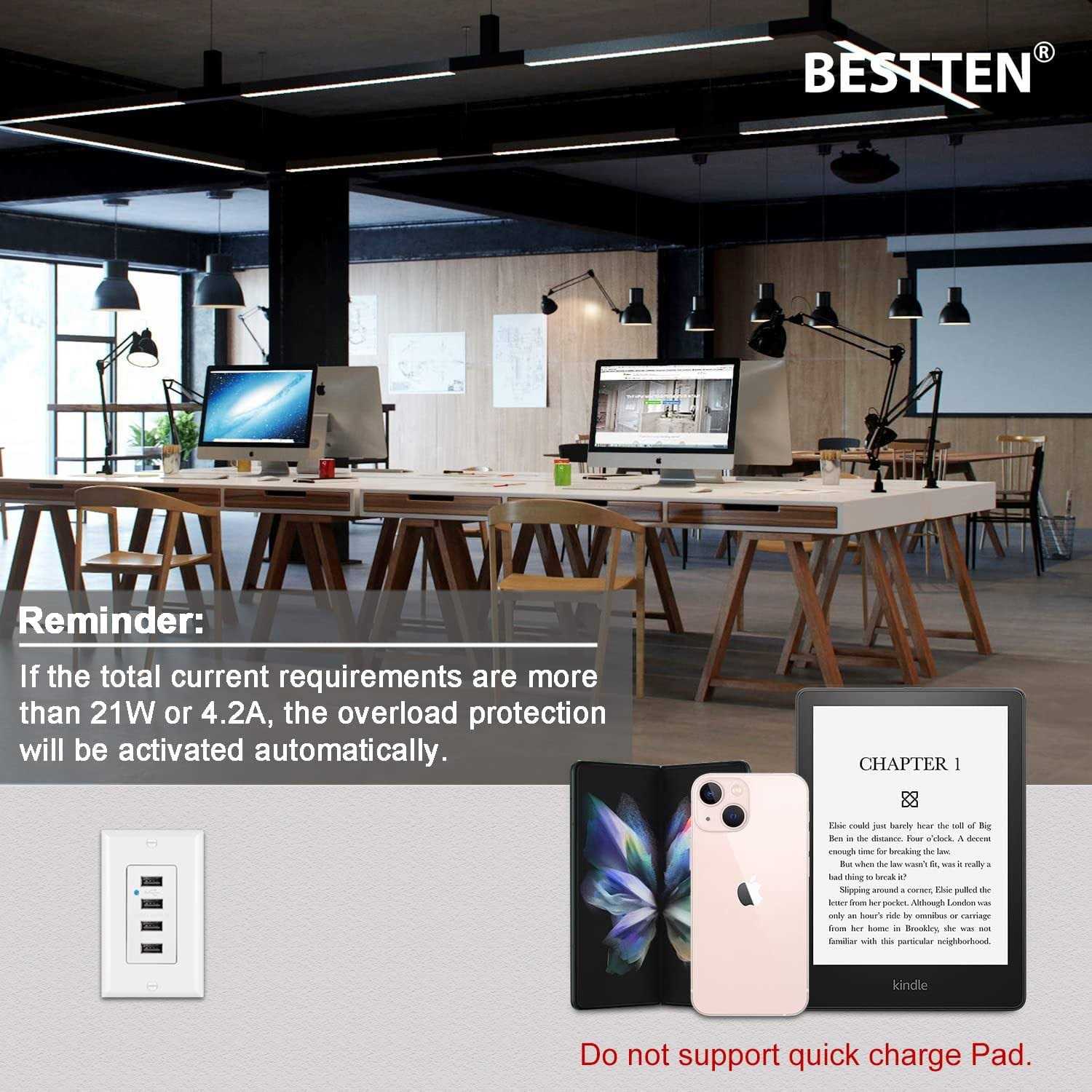 Bestten 4.2a/21w USB Receptacle Outlet with 4 High-Speed USB Charging Ports and LED Indicator - Image 5