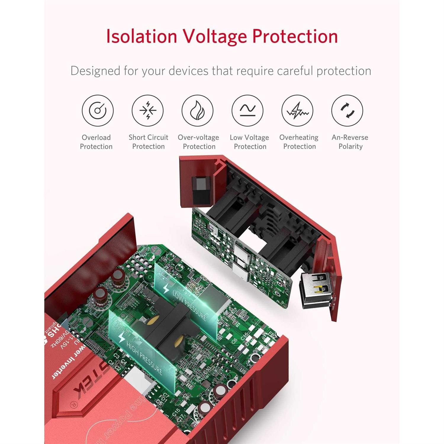 Bestek Pure Sine Wave 300w Power Inverter DC 12V to AC 110v with 4.2A Dual Smart USB Ports Car Adapter - Image 4