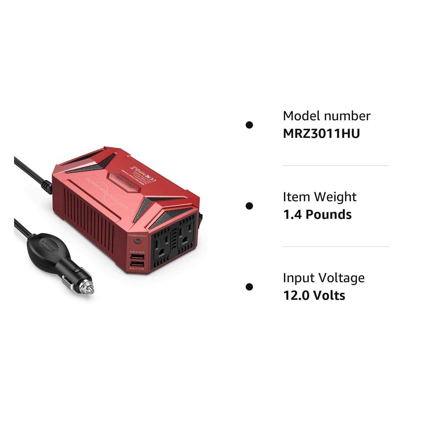 Bestek Pure Sine Wave 300w Power Inverter DC 12V to AC 110v with 4.2A Dual Smart USB Ports Car Adapter - Image 5