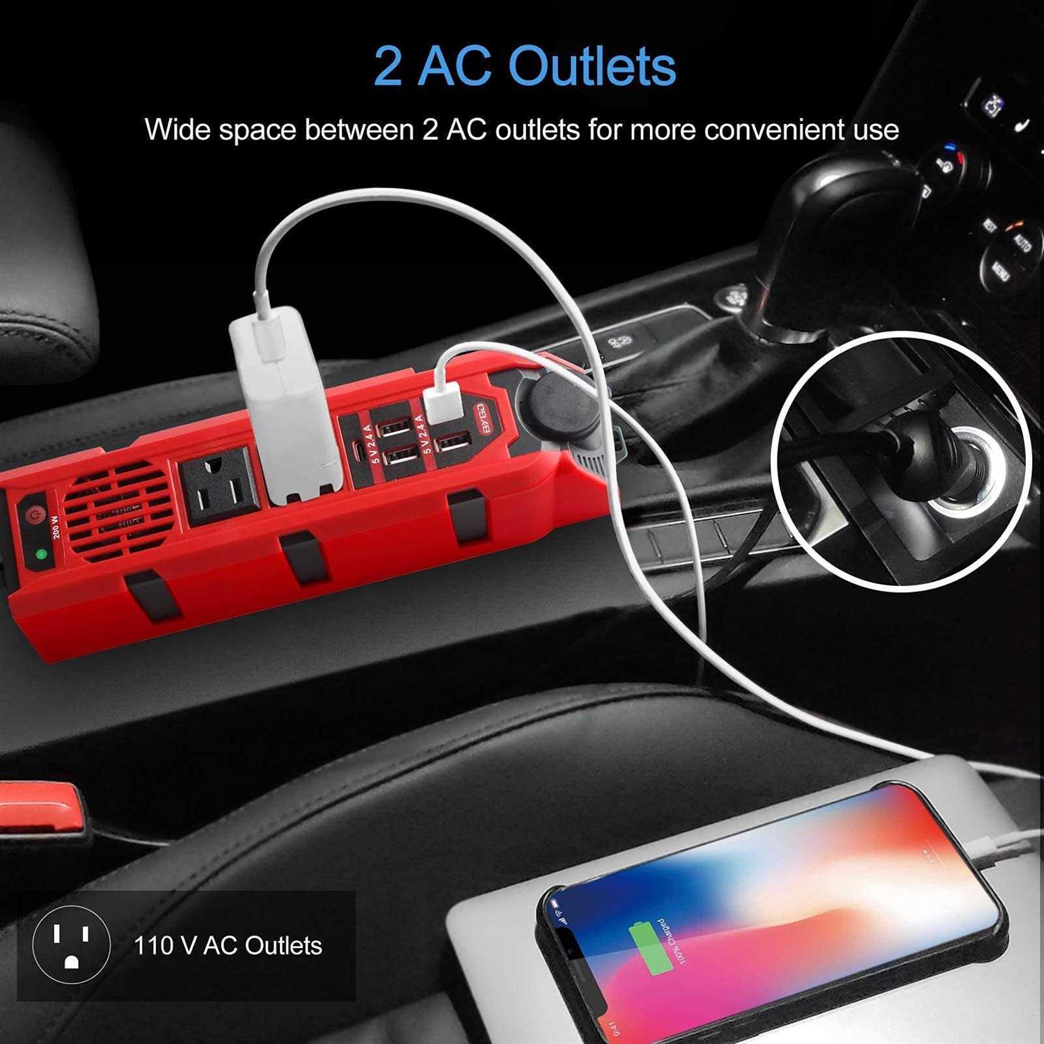 200W Car Power Inverter DC 12V to 110V AC Converter with Dual AC Outlets, 4 Quick Charger 2.4A USB Ports and 1 Type C Port Cigarette Lighter Socket - Image 3