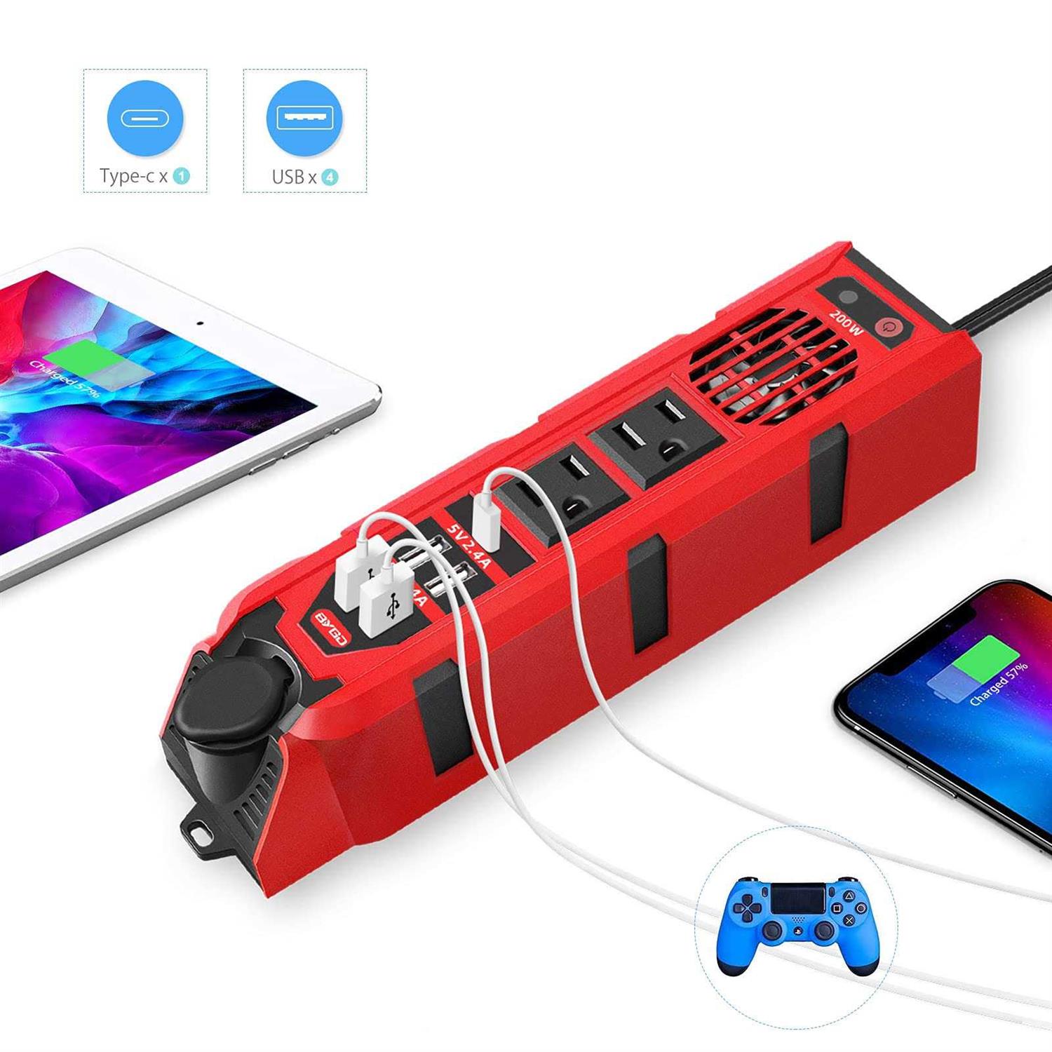 200W Car Power Inverter DC 12V to 110V AC Converter with Dual AC Outlets, 4 Quick Charger 2.4A USB Ports and 1 Type C Port Cigarette Lighter Socket - Image 5