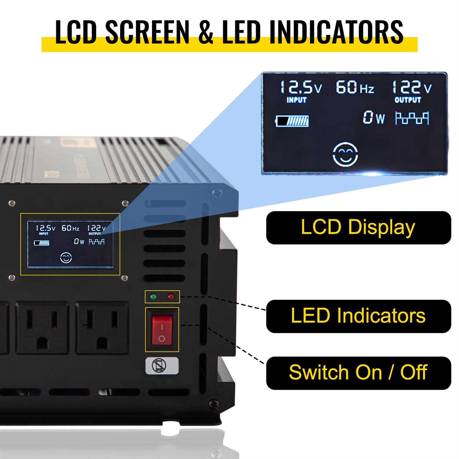 VEVOR Power Inverter 3500W Modified Sine Wave Inverter Dc Ac 120V Car Converter with Lcd Display Remote Controller Led Indicator Ac Outlets - Image 5