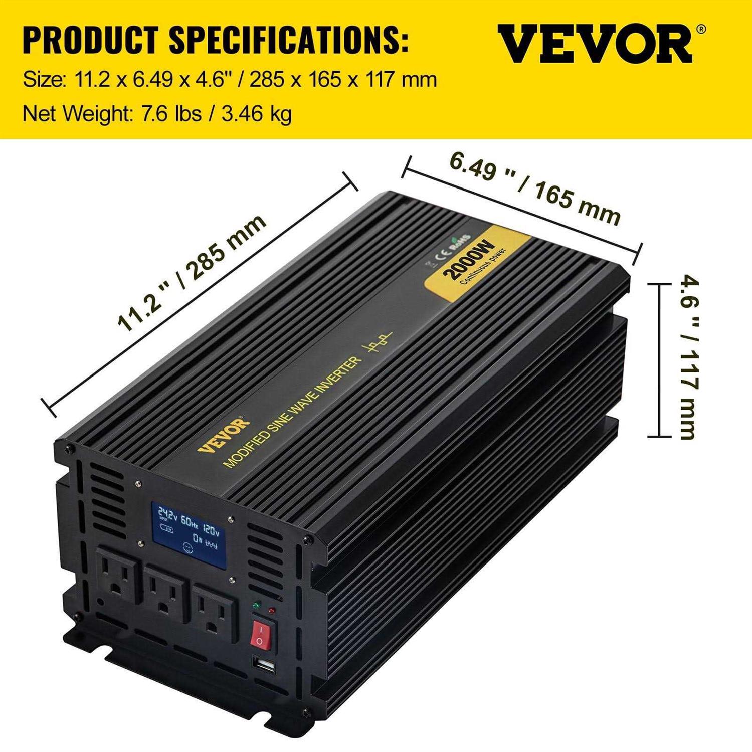 VEVOR Car Power Converter 2000-Watt Modified Sine Wave Inverter DC 12-Volt to AC 120-Volt with LCD Display Remote Controller - Image 3
