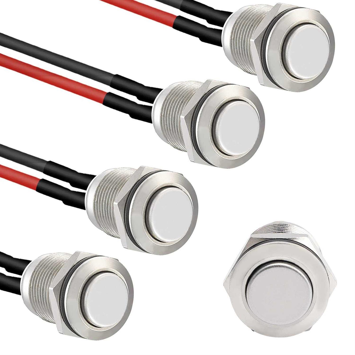 Starelo 5pcs 12mm Momentary Push Button Switch Silver Shell with pre-w