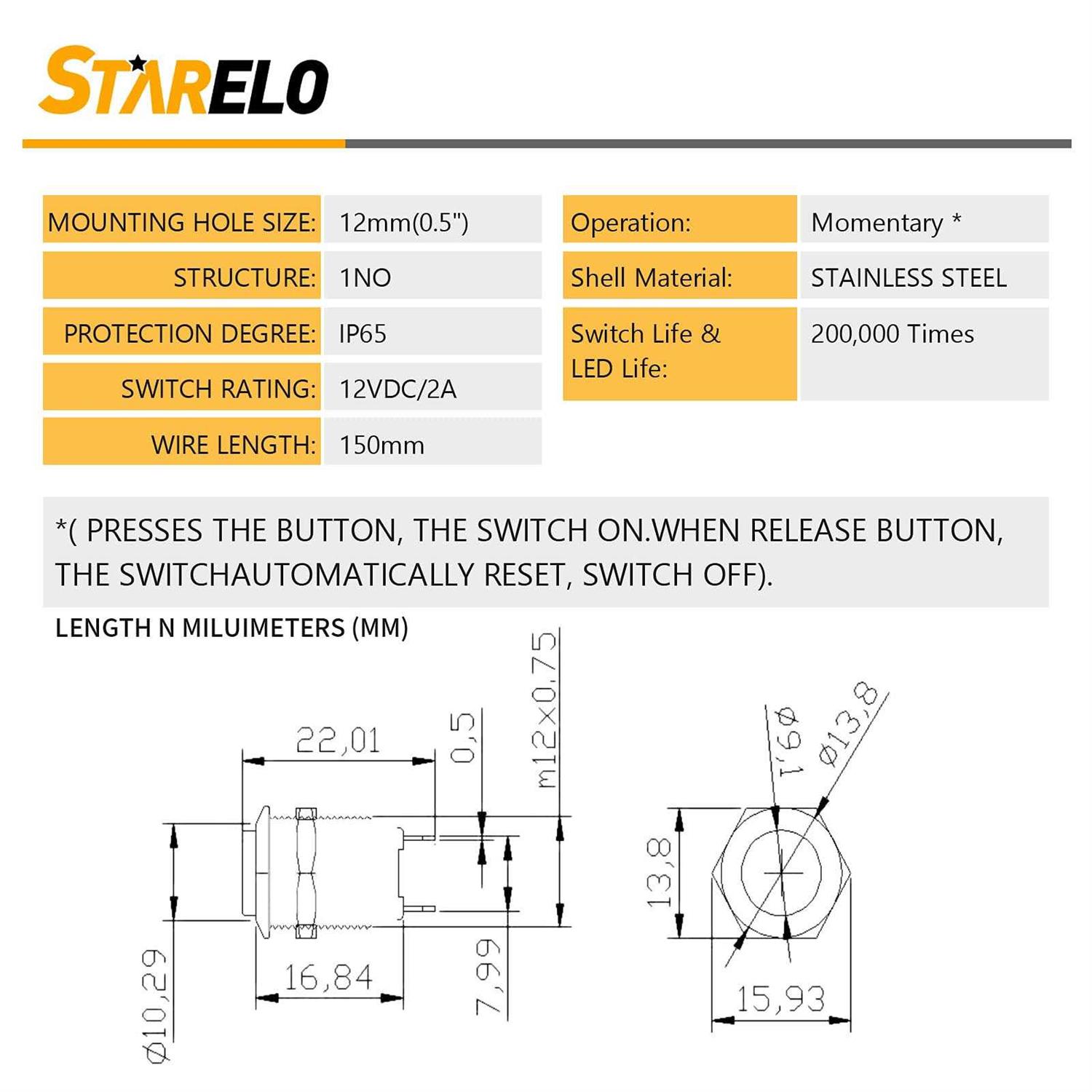 Starelo 5pcs 12mm Momentary Push Button Switch Silver Shell with pre-w - Image 5