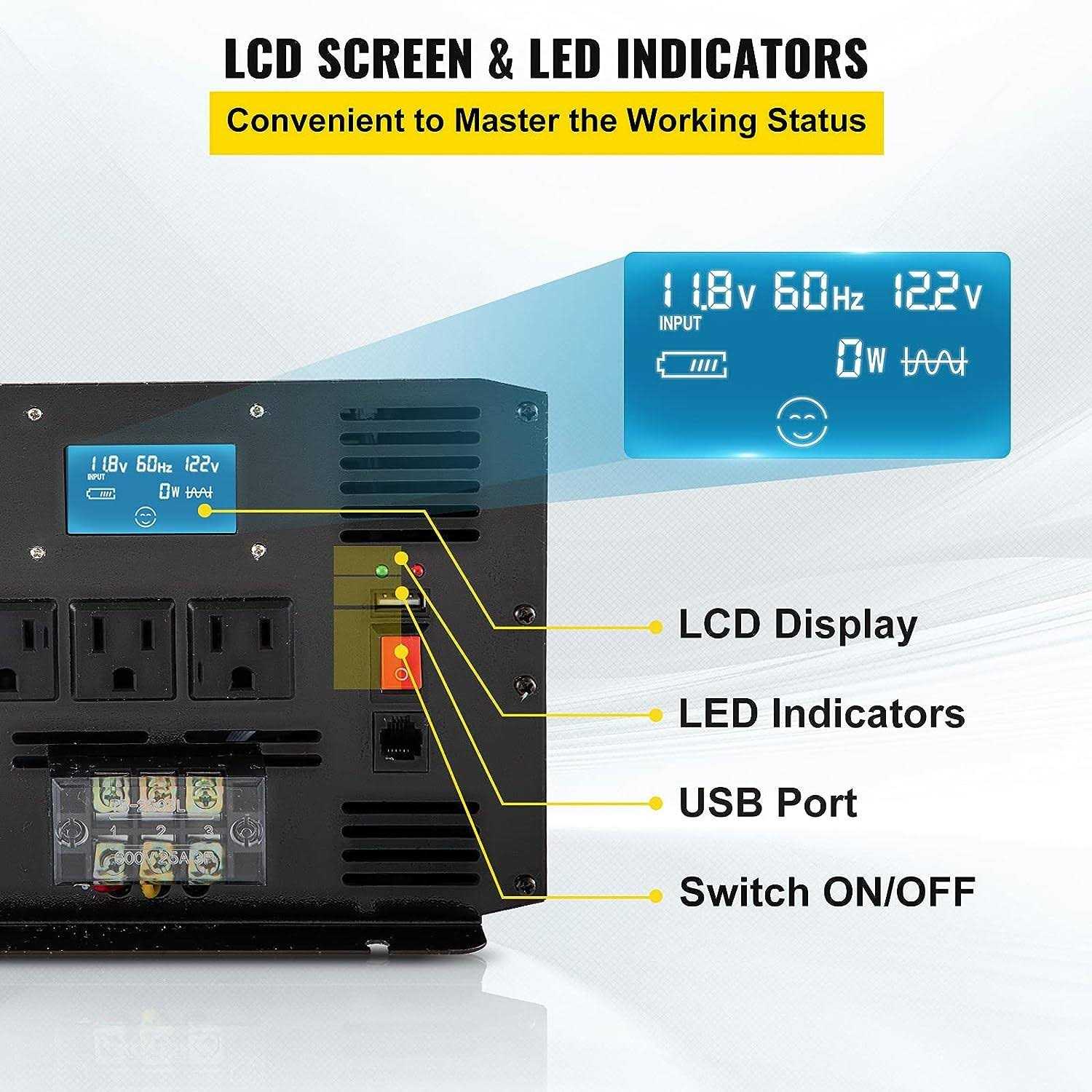 VEVOR Pure Sine Wave Inverter 3500 Watt Power Inverter, DC 12V to AC 120V Car Inverter, with USB Port LCD Display Remote Controller and AC Outlets - Image 3