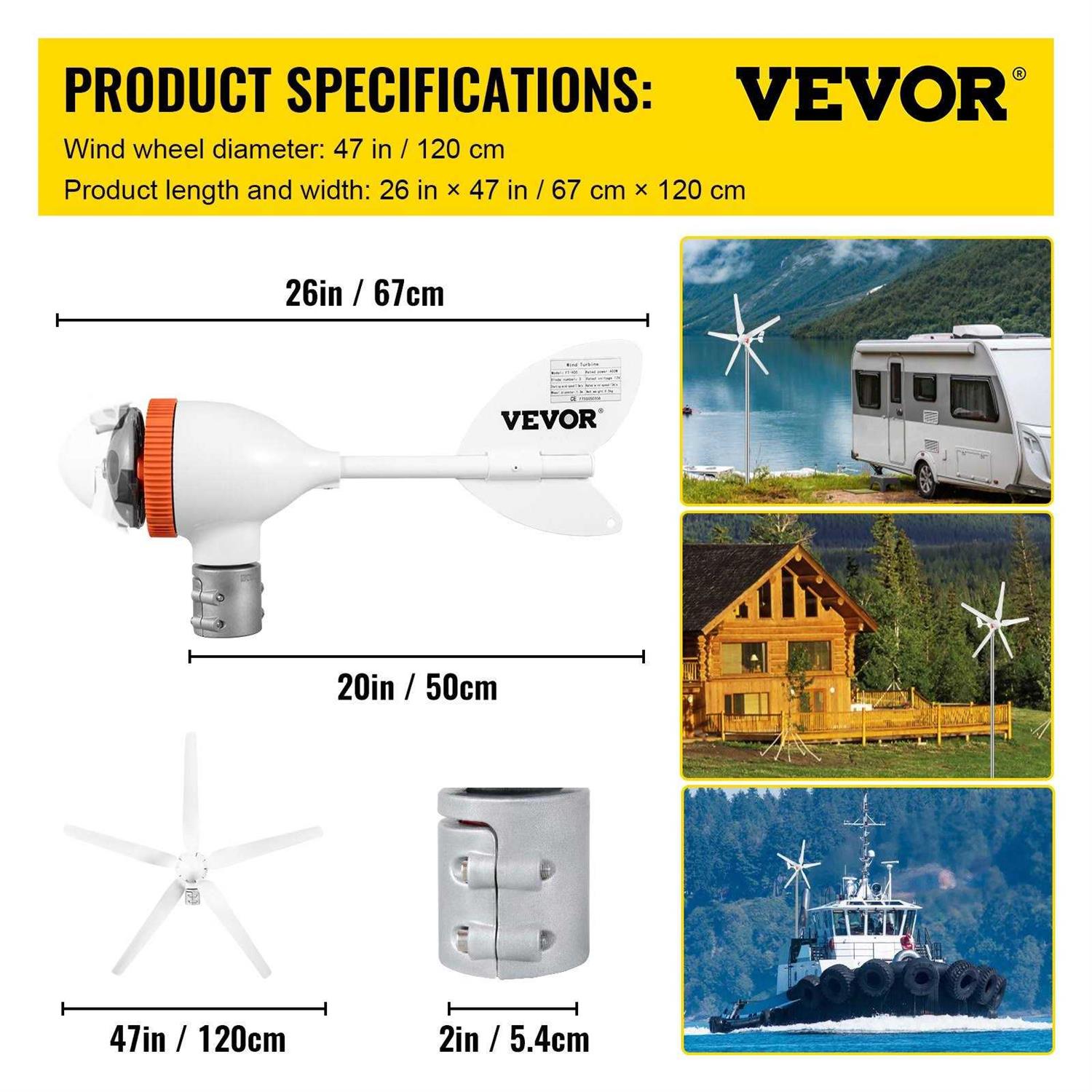 VEVOR Wind Turbine Generator 500-Watt 5 Blades Auto Adjust Windward Direction Wind Power Generator with Mppt Controller - Image 3