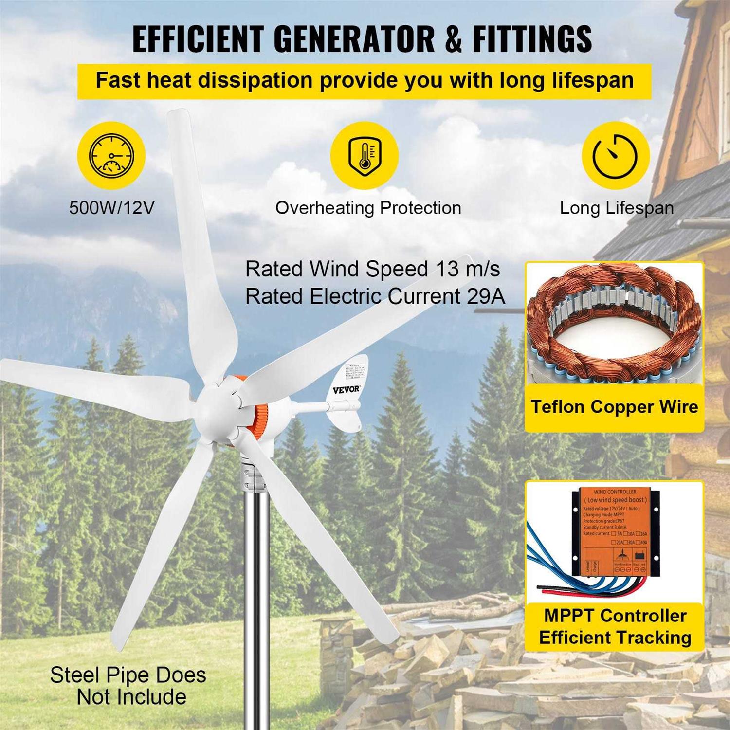 VEVOR Wind Turbine Generator 500-Watt 5 Blades Auto Adjust Windward Direction Wind Power Generator with Mppt Controller - Image 4