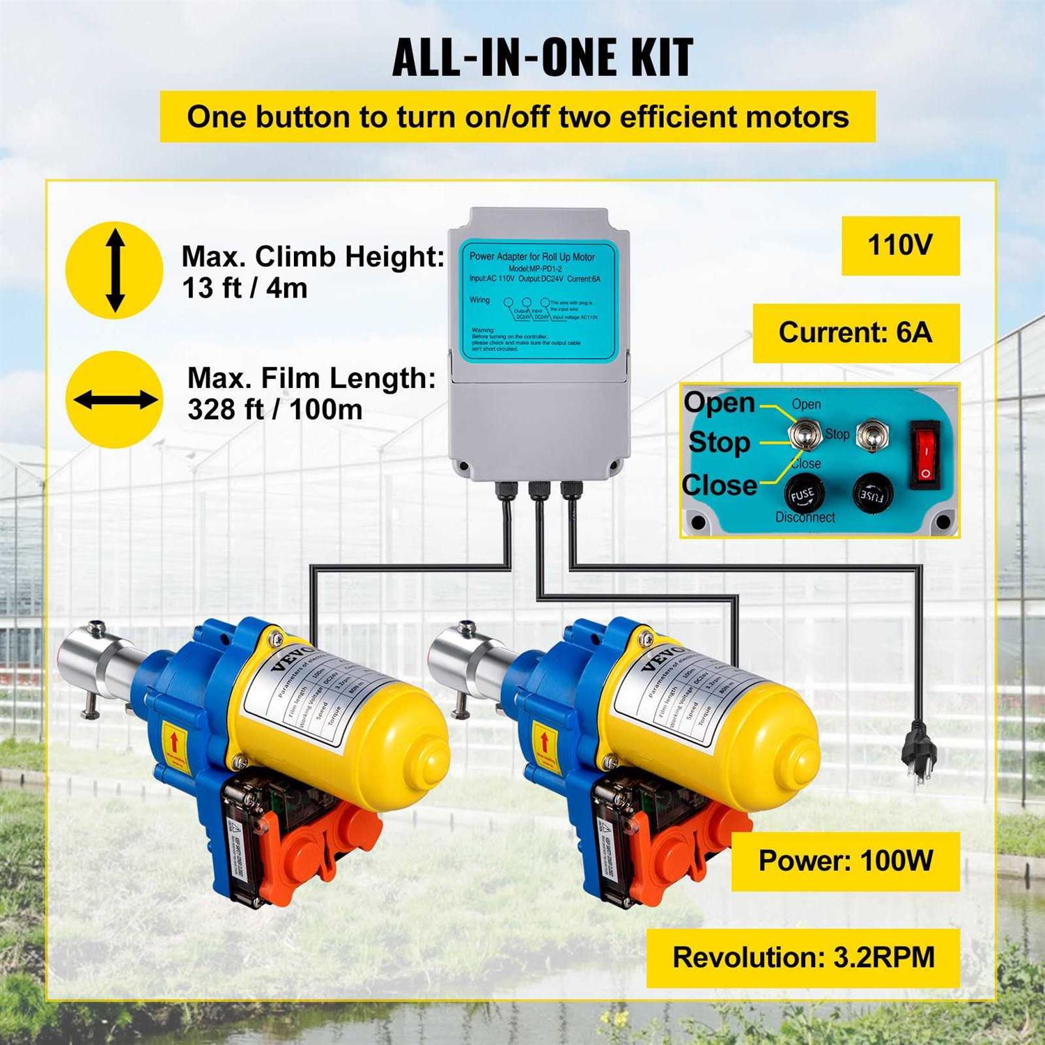 VEVOR Greenhouse Roll Up Motor 100W DC 24V 3.2 RPM Waterproof Aluminum Alloy Electric Greenhouse Frame Shed - Image 4