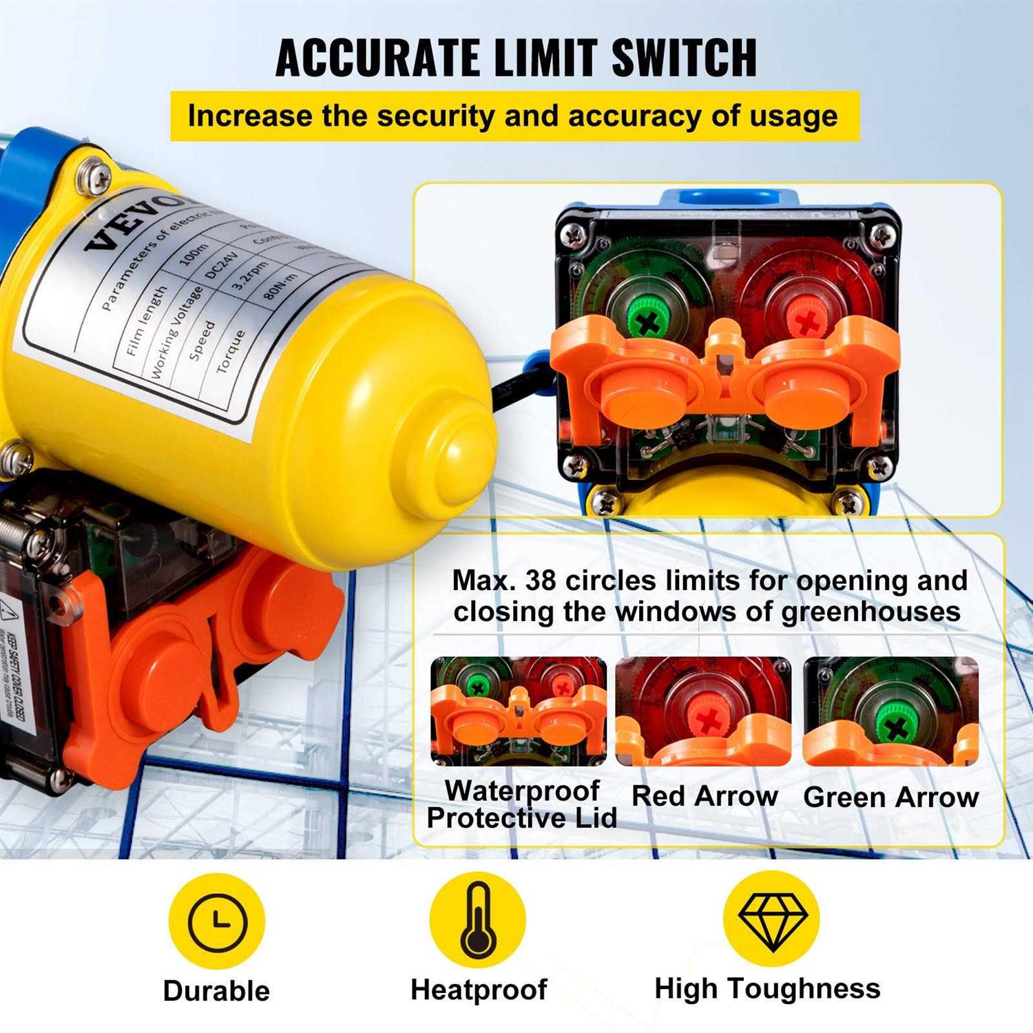 VEVOR Greenhouse Roll Up Motor 100W DC 24V 3.2 RPM Waterproof Aluminum Alloy Electric Greenhouse Frame Shed - Image 3