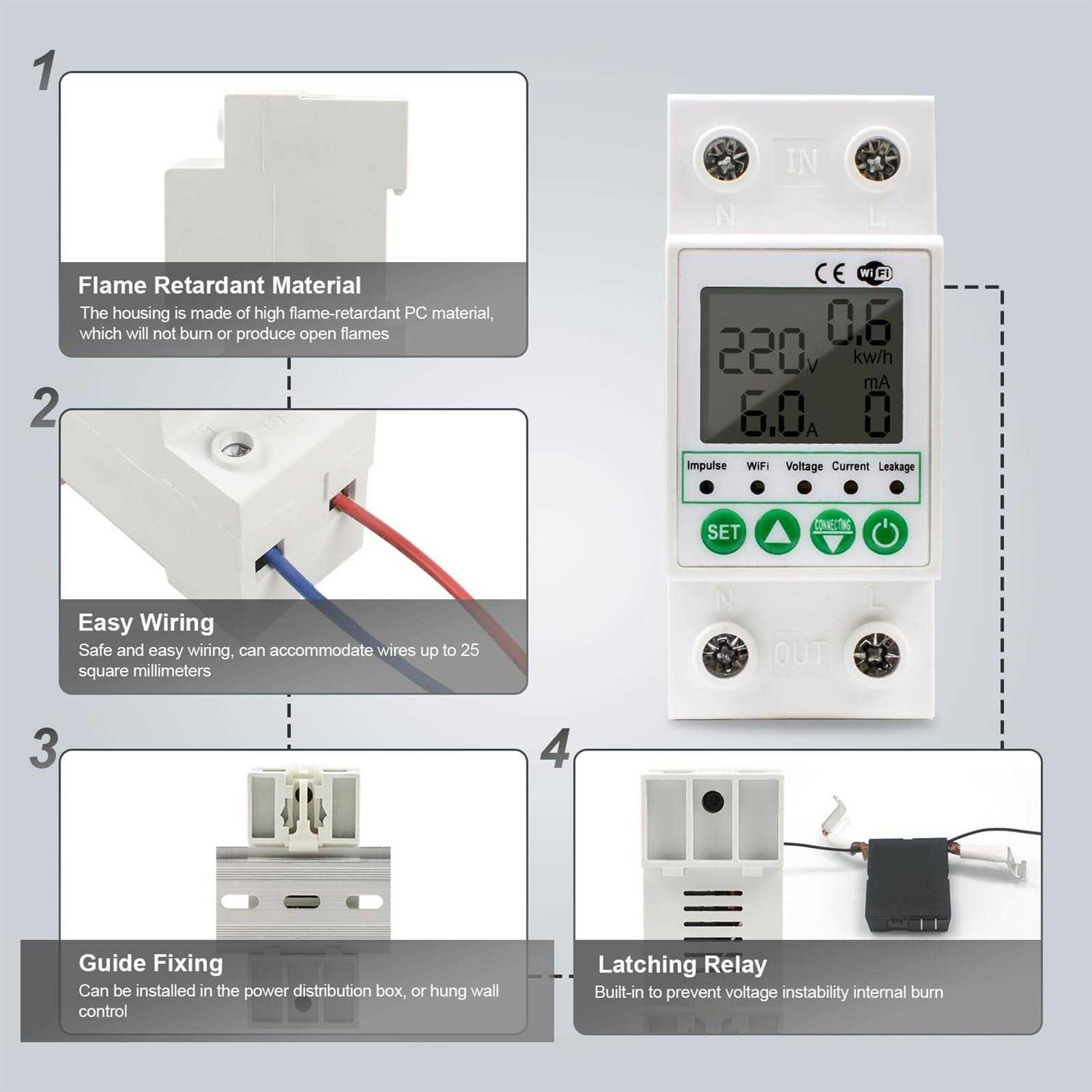 Smart Circuit Breaker WiFi Circuit Breaker Miniature Circuit Breaker with Leakage, Over Current and Over/Under Voltage Protection Functions - Image 3