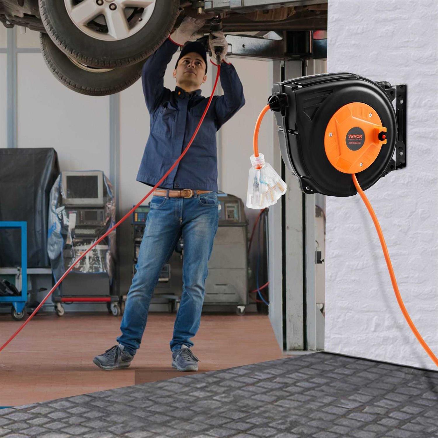 VEVOR Retractable Extension Cord Reel 30 Ft Heavy Duty 16AWG/3C Sjtow Power Cord with Lighted Triple Tap Outlet 10 Amp Circuit Breaker for Ceiling - Image 3