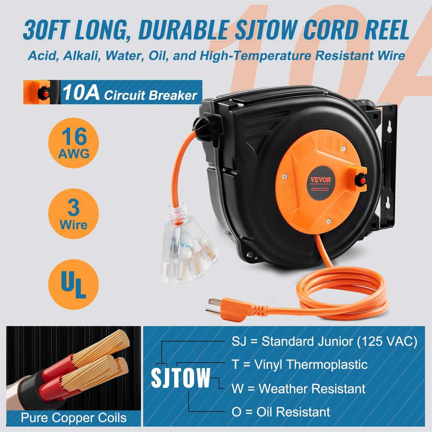 VEVOR Retractable Extension Cord Reel 30 Ft Heavy Duty 16AWG/3C Sjtow Power Cord with Lighted Triple Tap Outlet 10 Amp Circuit Breaker for Ceiling - Image 4