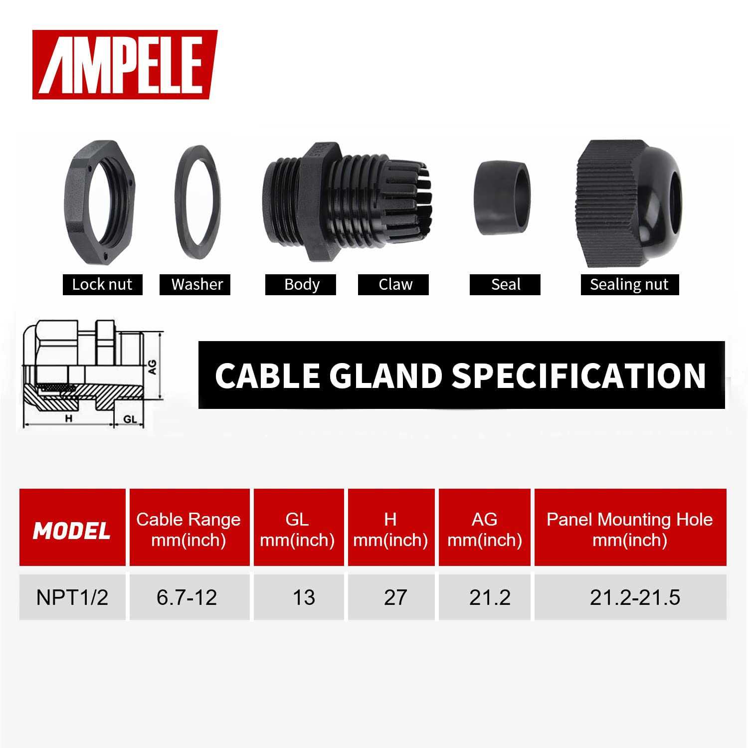 AMPELE NPT Cable Gland Waterproof Adjustable Nylon Cable Glands Joints With Gaskets - Image 4