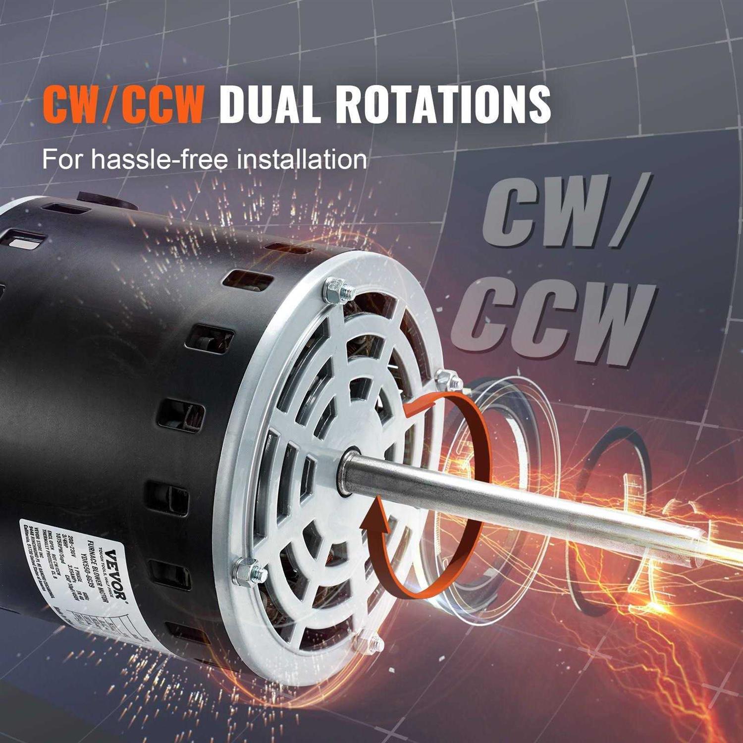 VEVOR 3/4HP Furnace Blower Motor 208/230V 3.85Amps 1075RPM 5 Speeds CW/CCW Rotation - Image 3