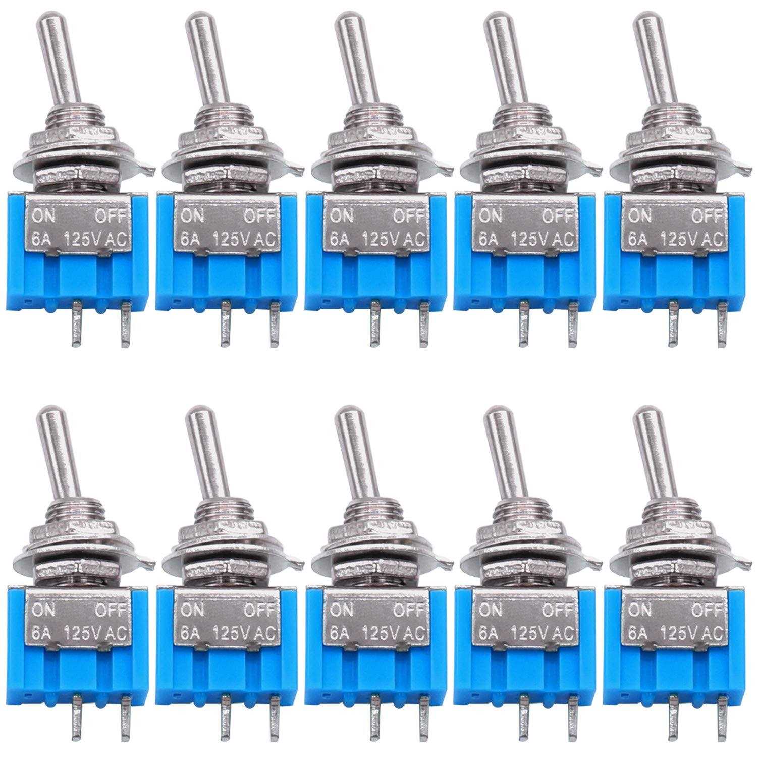 Taiss 10PCS SPST Mini Toggle Switch 2 Pin 2 Position ON/Off Miniature Toggle Switch 6A 125V MTS-101